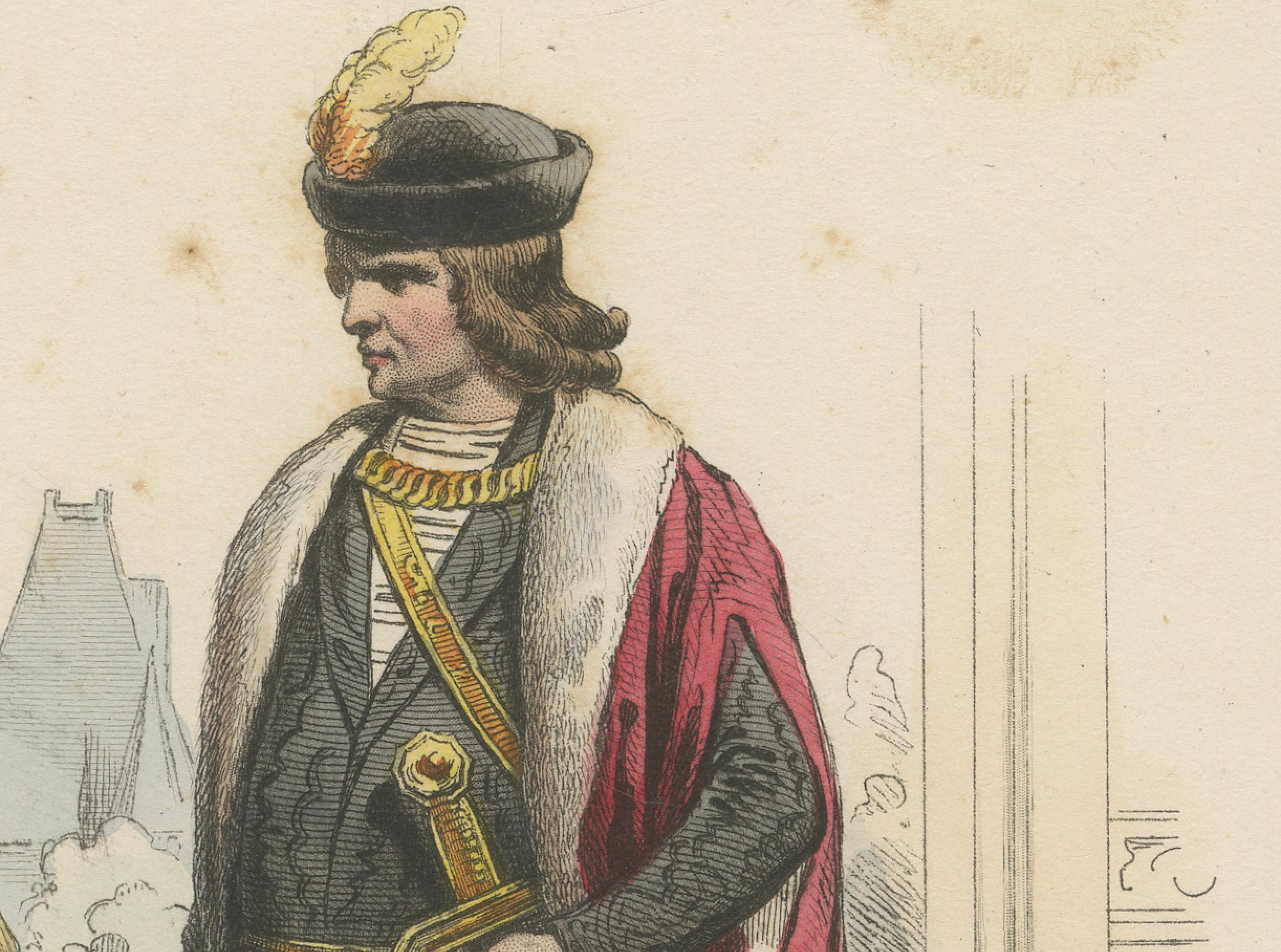 Antique French Kostümdruck eines Barons und einer Baronin in mittelalterlicher Kleidung, ca.1860 (Mittleres 19. Jahrhundert) im Angebot