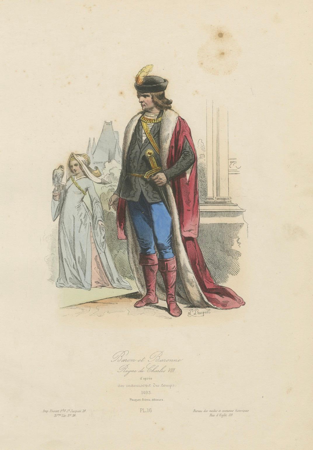 Antique French Kostümdruck eines Barons und einer Baronin in mittelalterlicher Kleidung, ca.1860 (Papier) im Angebot