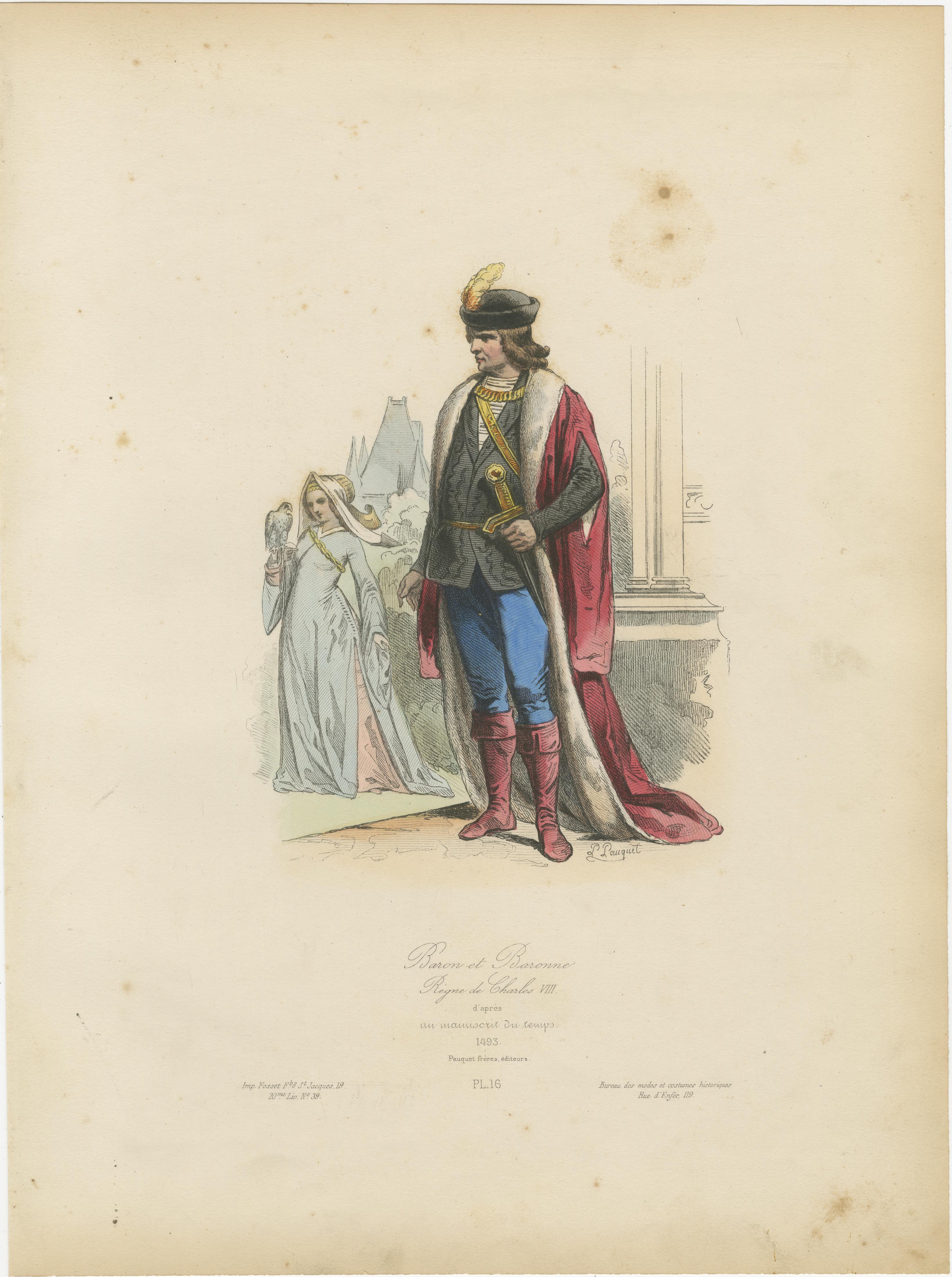 Antique French Kostümdruck eines Barons und einer Baronin in mittelalterlicher Kleidung, ca.1860 im Angebot 1