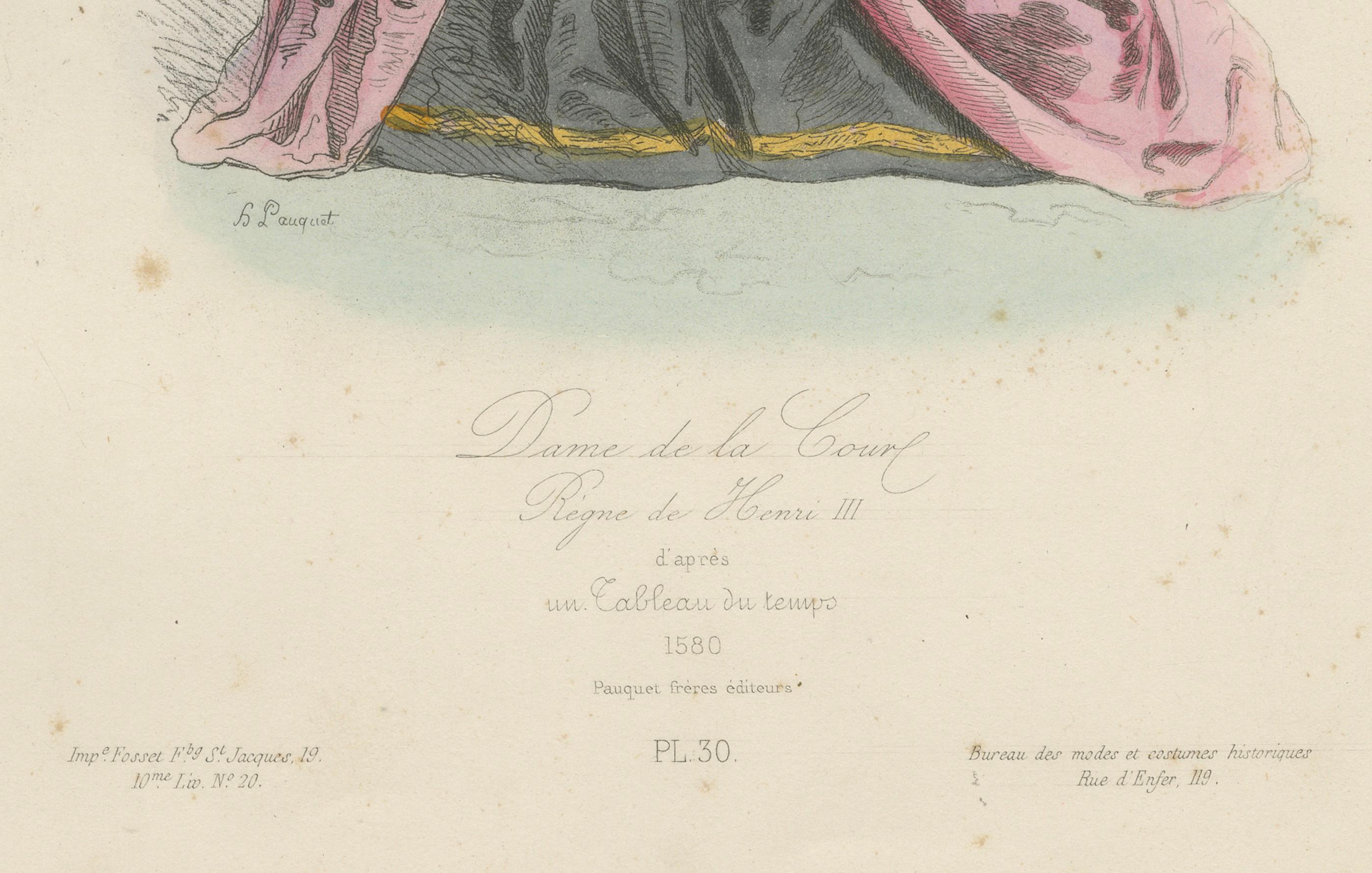 Antiker französischer Kostümdruck einer Hofdame, Herrschaft von HENRY III, 19.

Beschreibung:
Dieser beeindruckende antike französische Kostümdruck mit dem Titel 