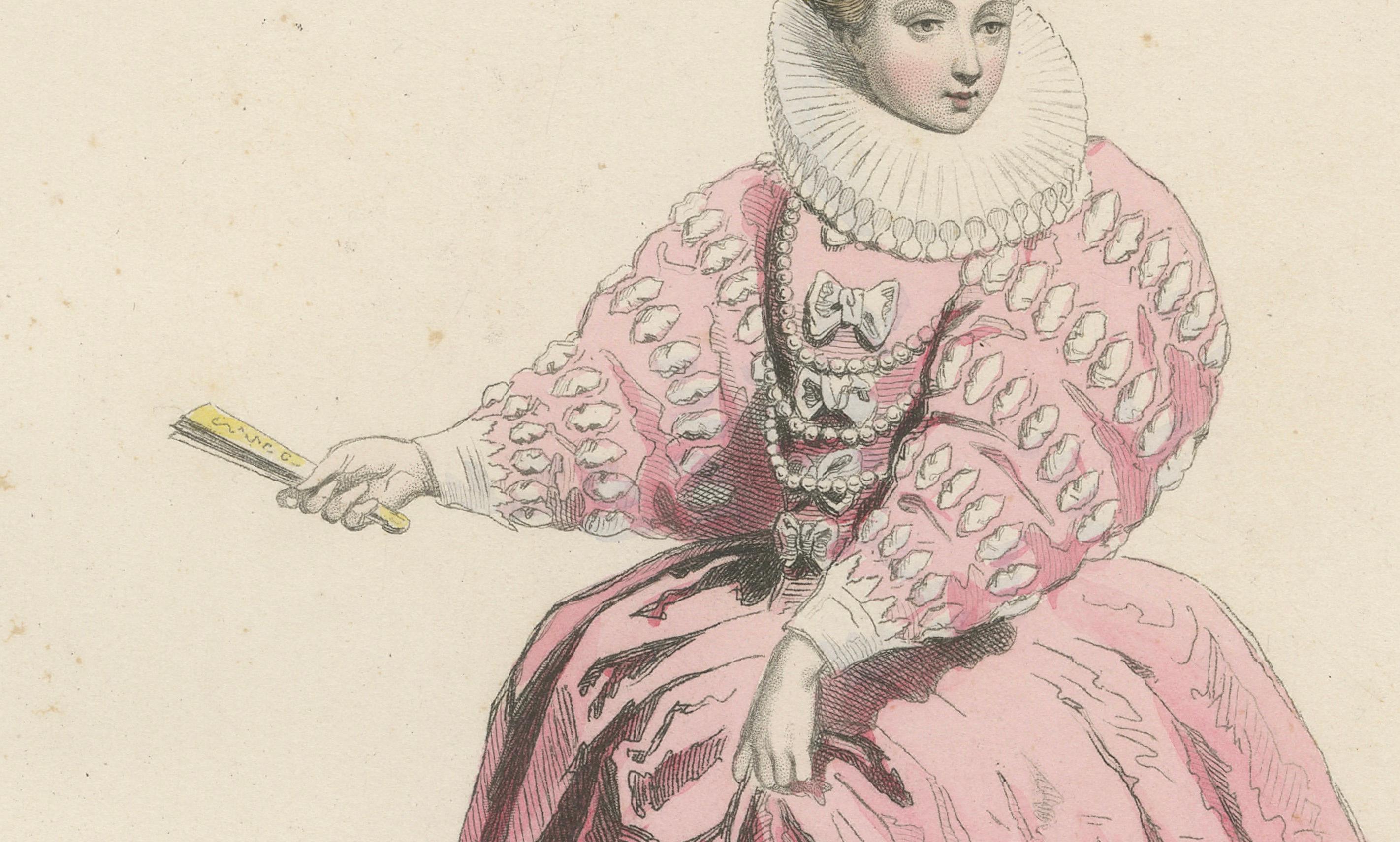 Antique French Kostüm Druck einer Dame des Hofes, Herrschaft von Henri III, ca.1860 im Zustand „Gut“ im Angebot in Langweer, NL