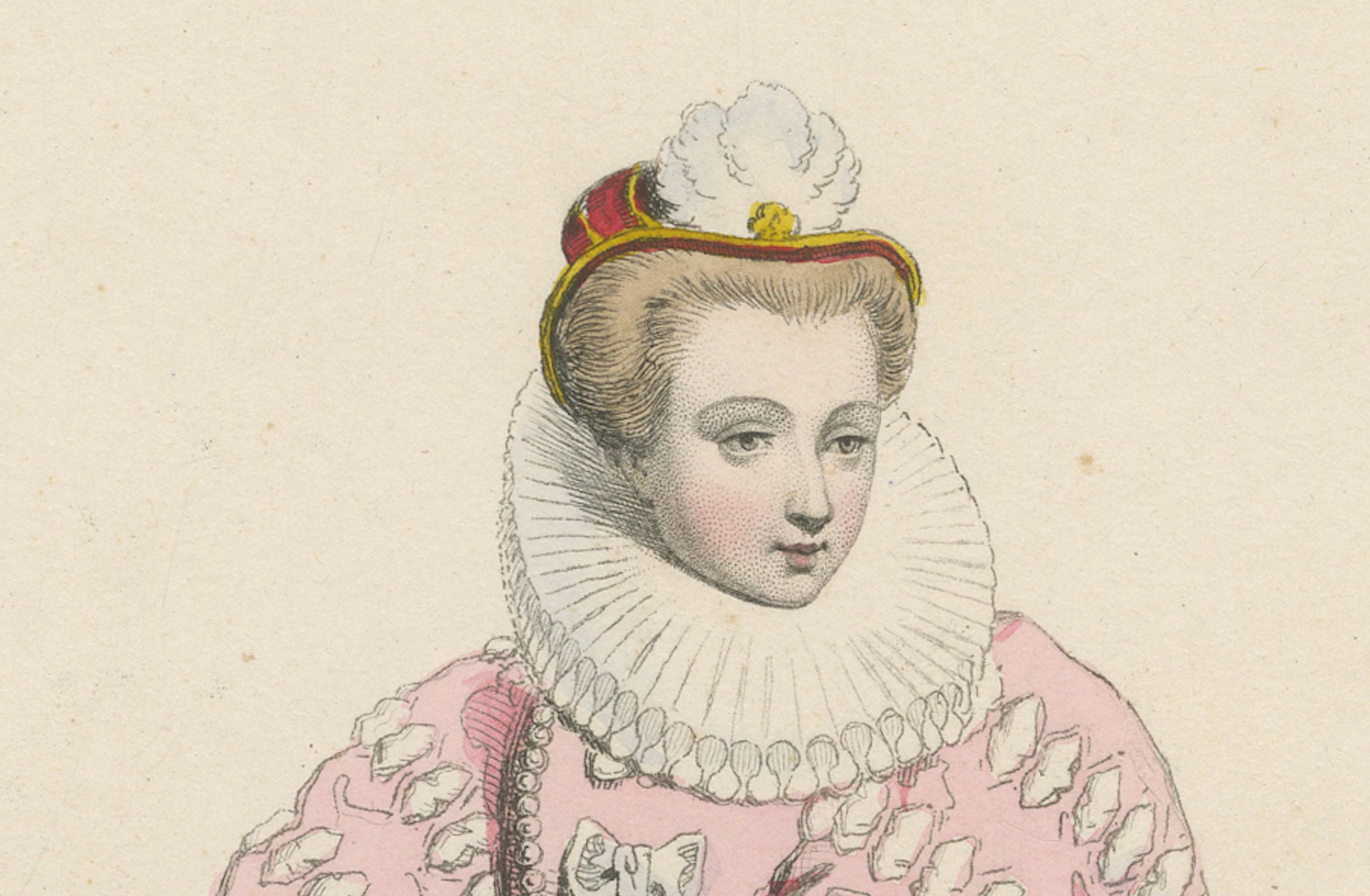 Antique French Kostüm Druck einer Dame des Hofes, Herrschaft von Henri III, ca.1860 (Mittleres 19. Jahrhundert) im Angebot