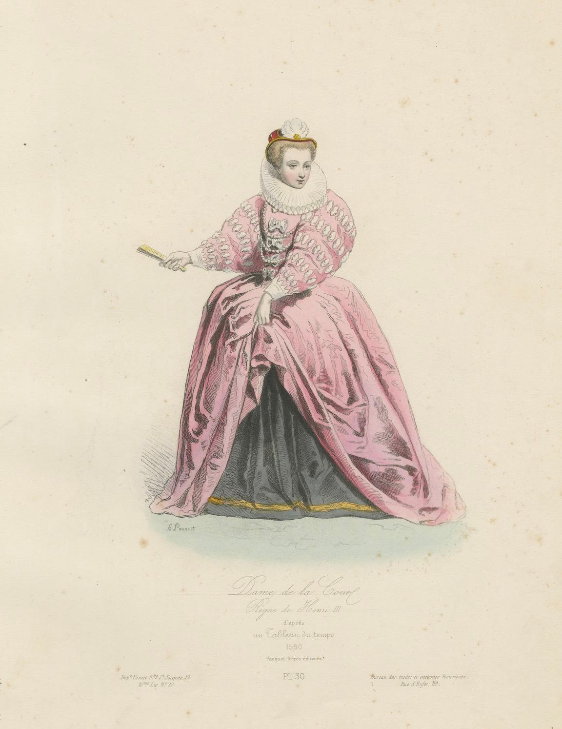 Antique French Kostüm Druck einer Dame des Hofes, Herrschaft von Henri III, ca.1860 (Papier) im Angebot