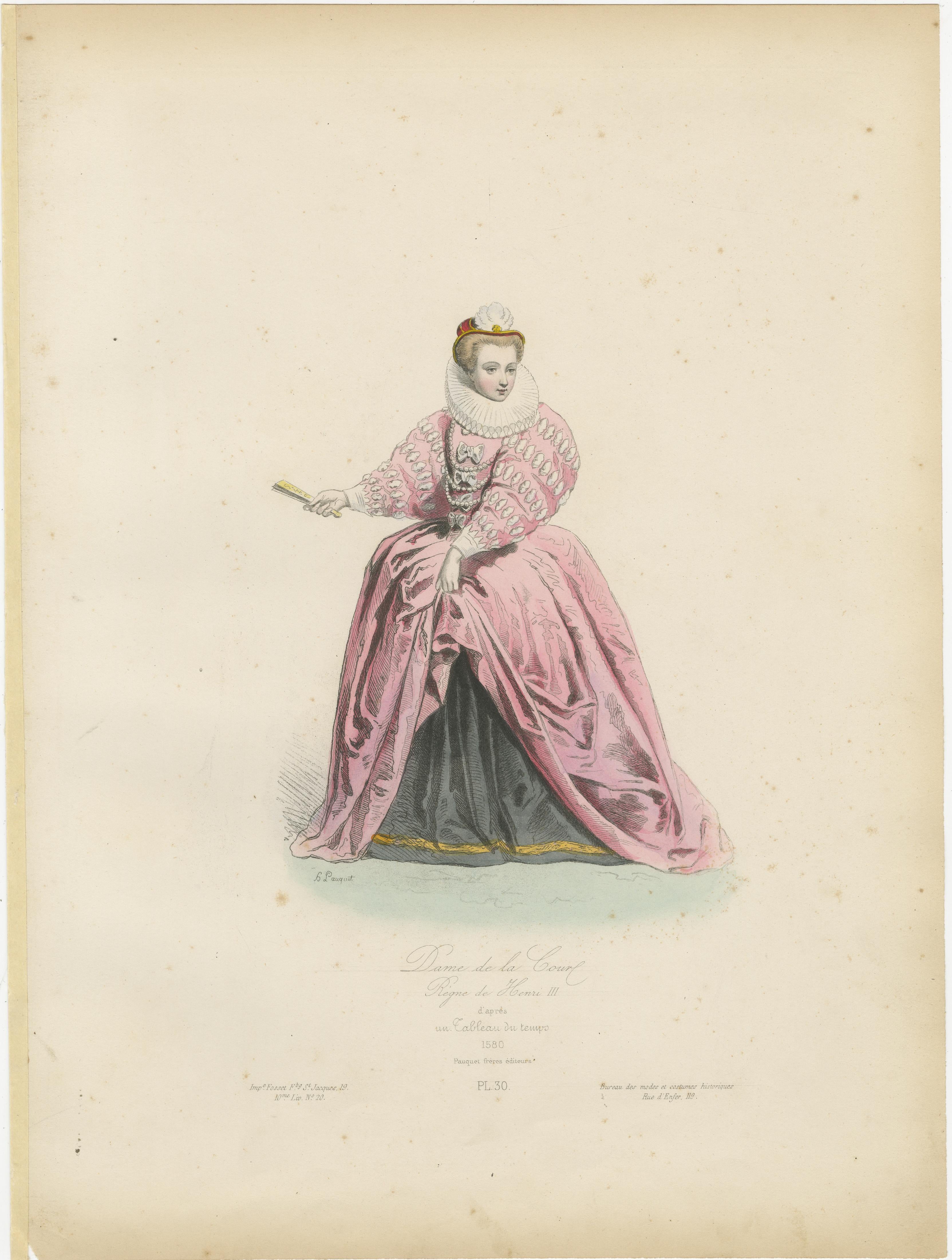 Antique French Kostüm Druck einer Dame des Hofes, Herrschaft von Henri III, ca.1860 im Angebot 1