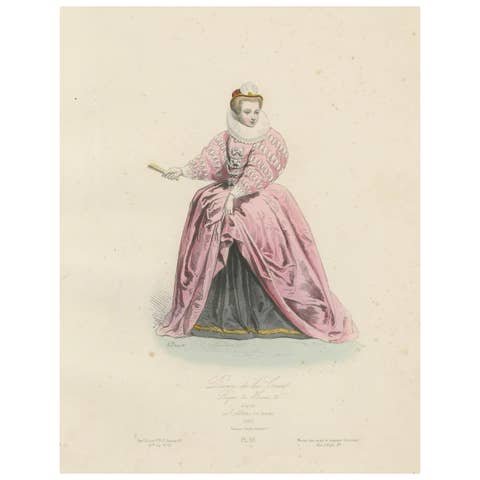 Antique French Costume Print of a Lady of the Court, Reign of Henri III, ca.1860