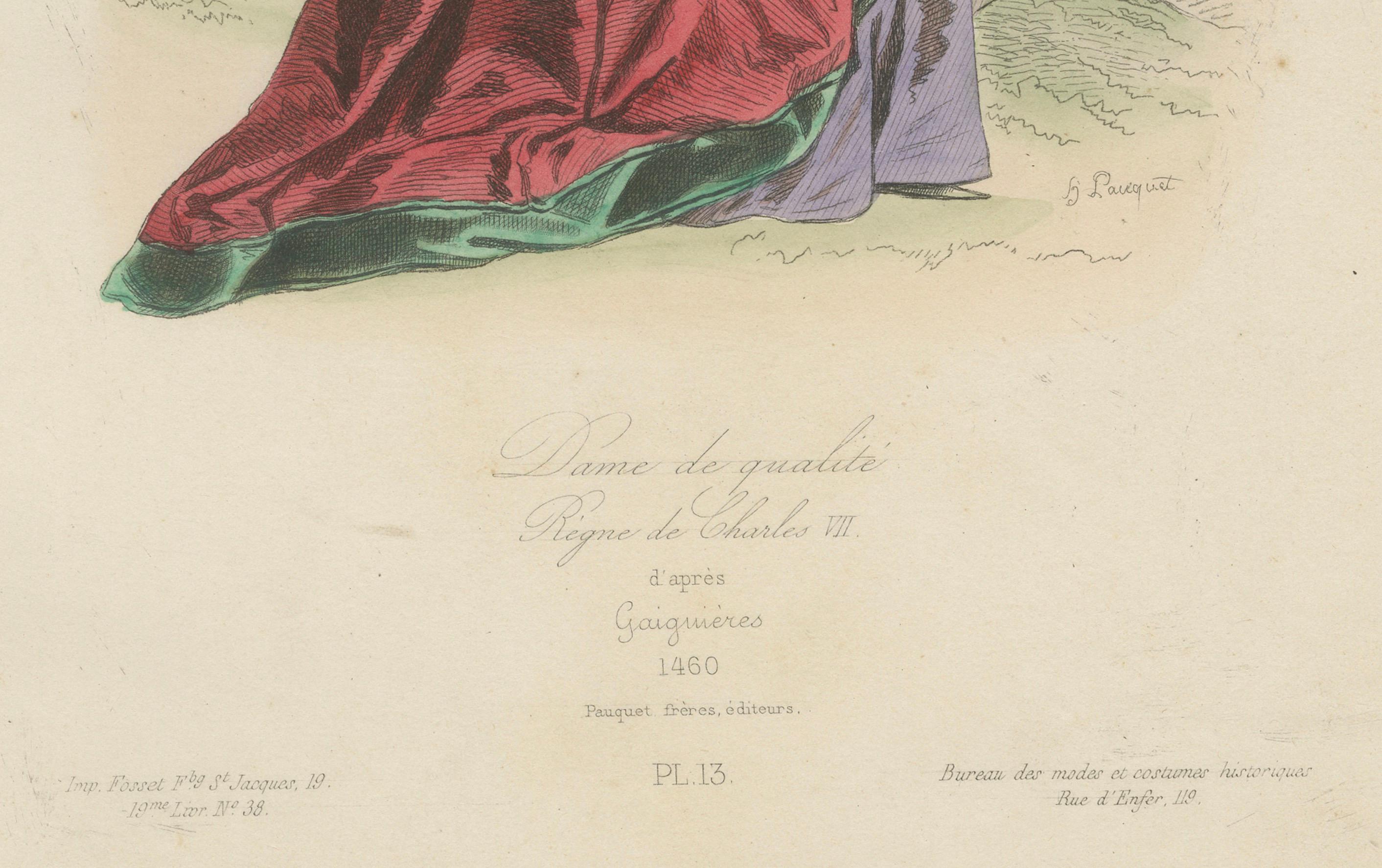 Antique French Kostüm Druck einer edlen Dame in mittelalterlicher Kleidung, 19.

Beschreibung:
Dieser bezaubernde antike französische Kostümdruck mit dem Titel 