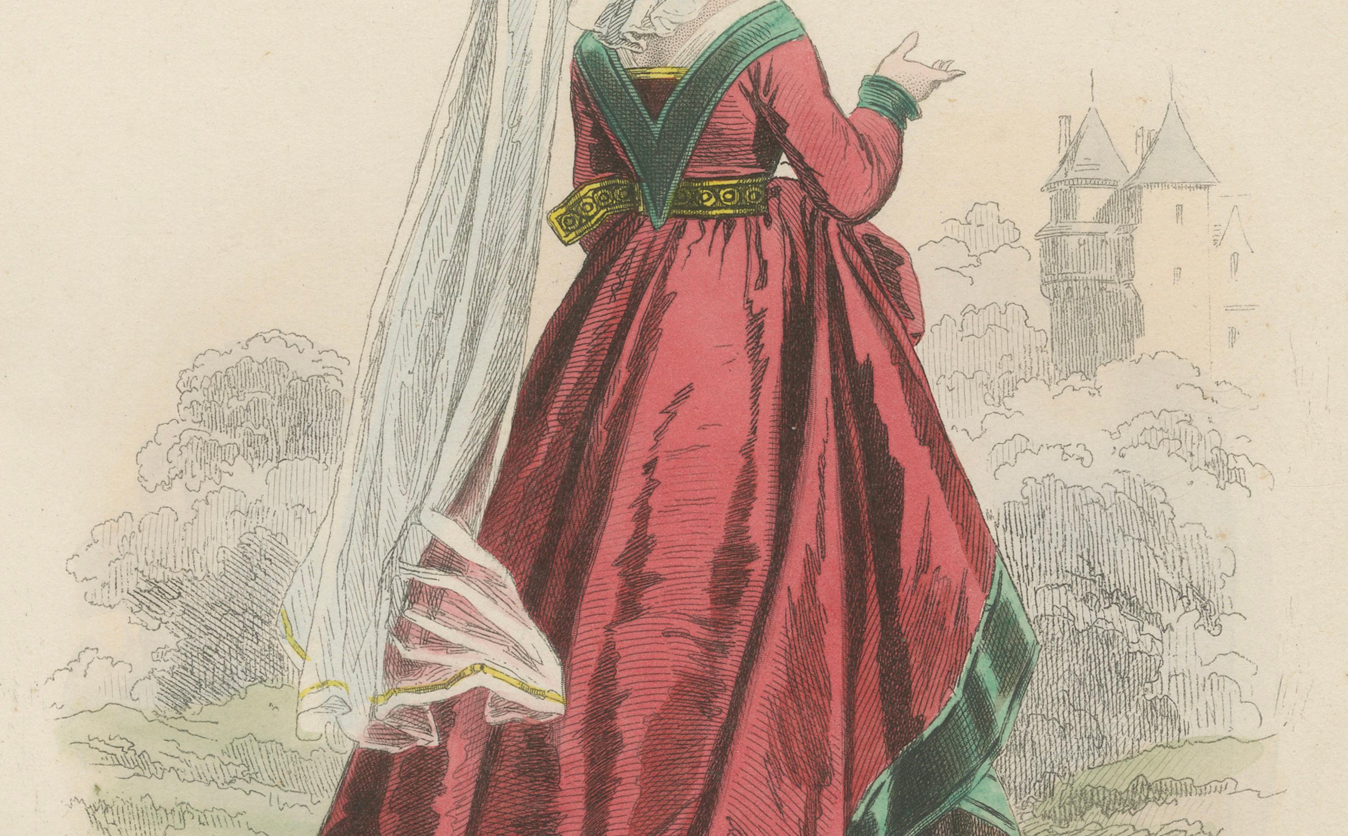 Antique French Kostüm Druck einer edlen Dame in mittelalterlicher Kleidung, 19. im Zustand „Gut“ im Angebot in Langweer, NL