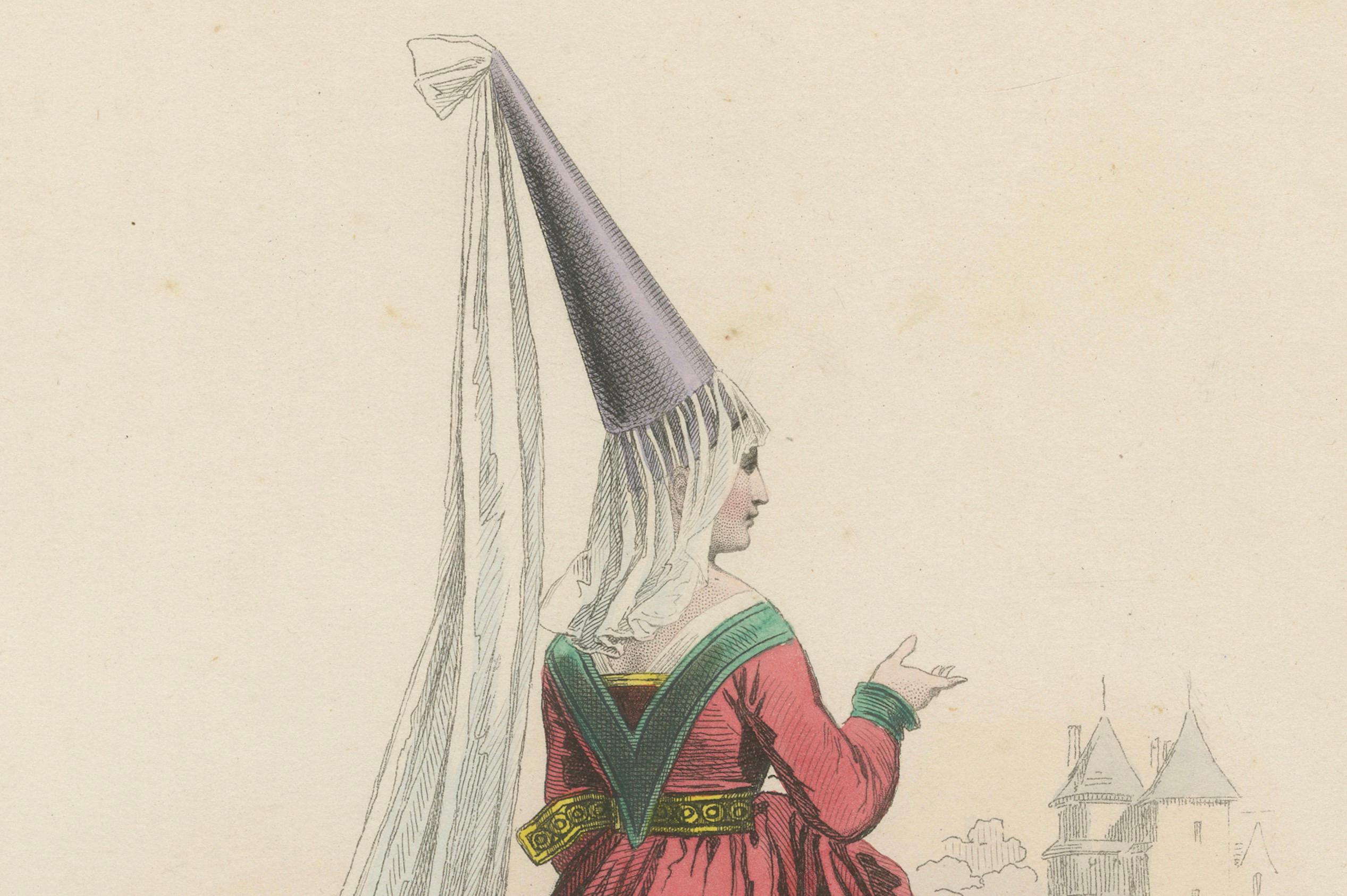 Antique French Kostüm Druck einer edlen Dame in mittelalterlicher Kleidung, 19. (Mittleres 19. Jahrhundert) im Angebot