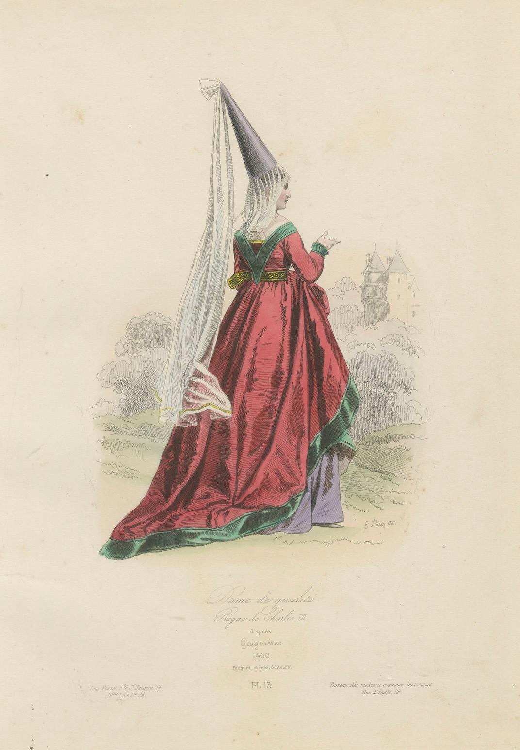 Antique French Kostüm Druck einer edlen Dame in mittelalterlicher Kleidung, 19. (Papier) im Angebot