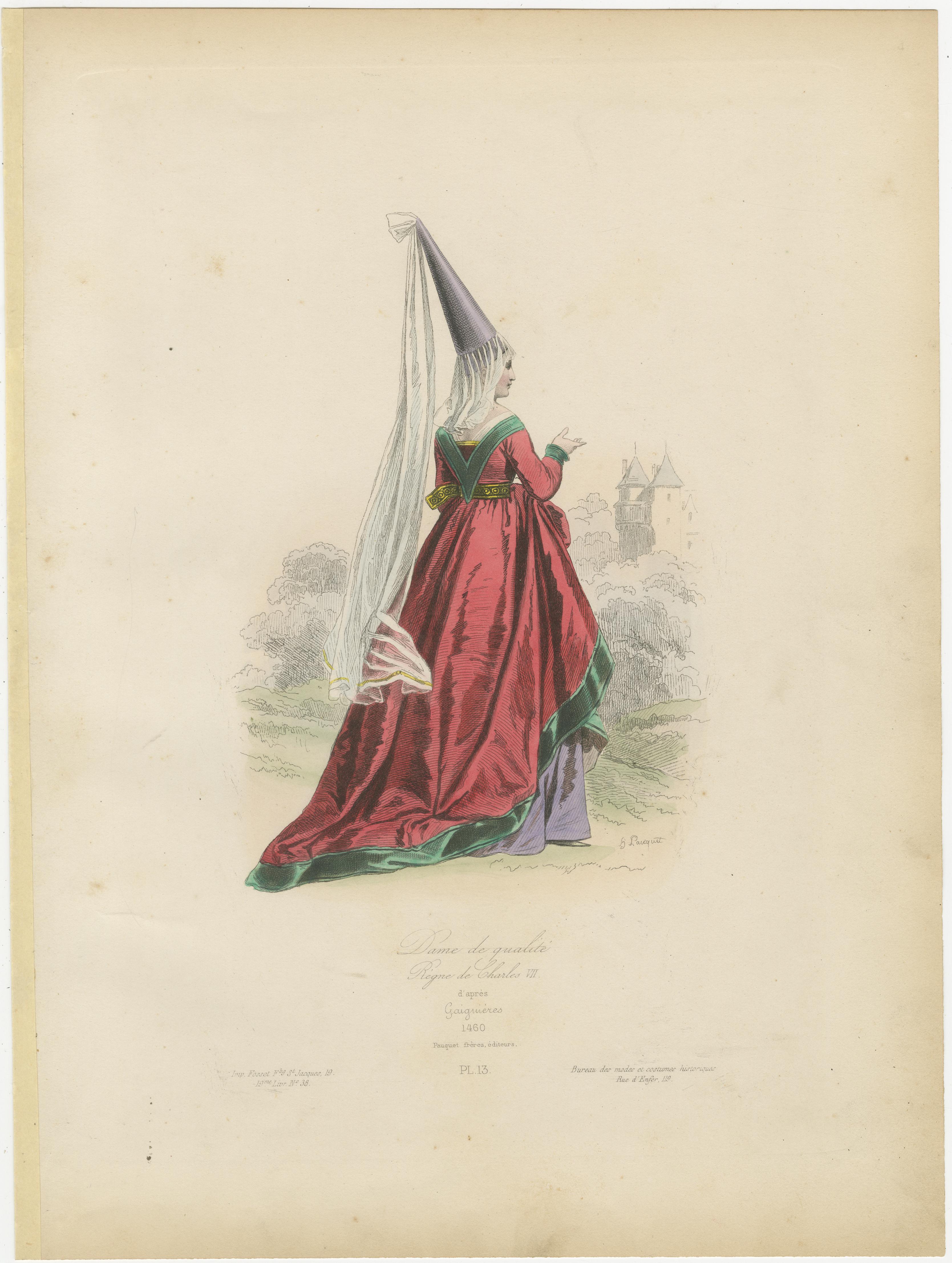 Antique French Kostüm Druck einer edlen Dame in mittelalterlicher Kleidung, 19. im Angebot 1