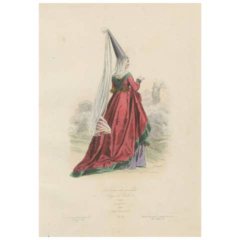 Antique French Costume Print of a Noble Lady in Medieval Attire, 19th Century
