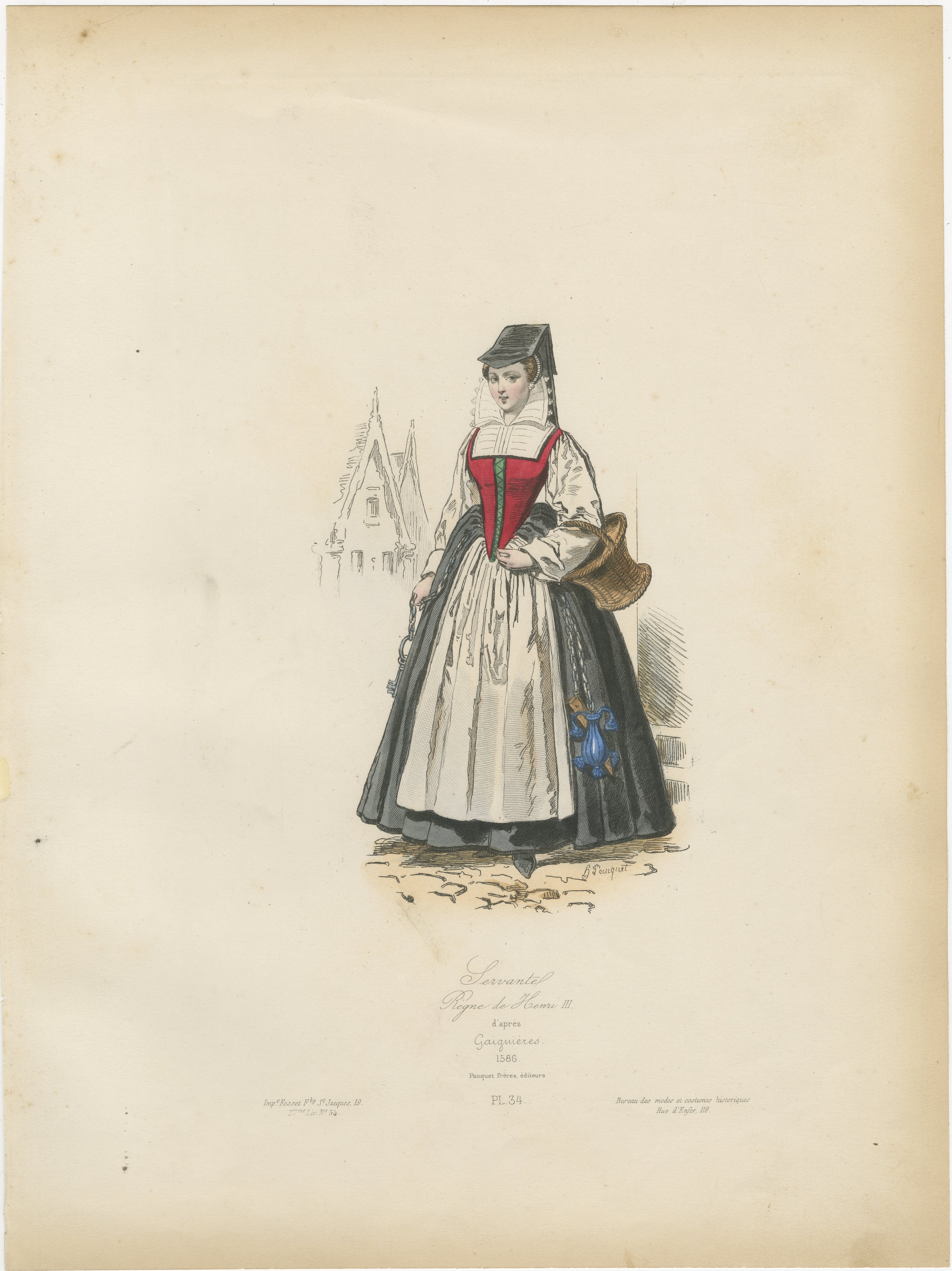 Antique French Costume Print of a Servant in Medieval Dress, 19th Century

Description:
This engaging antique French costume print, titled “Servante, Règne de Henri III,” depicts a servant’s attire during the reign of Henri III in the late 16th