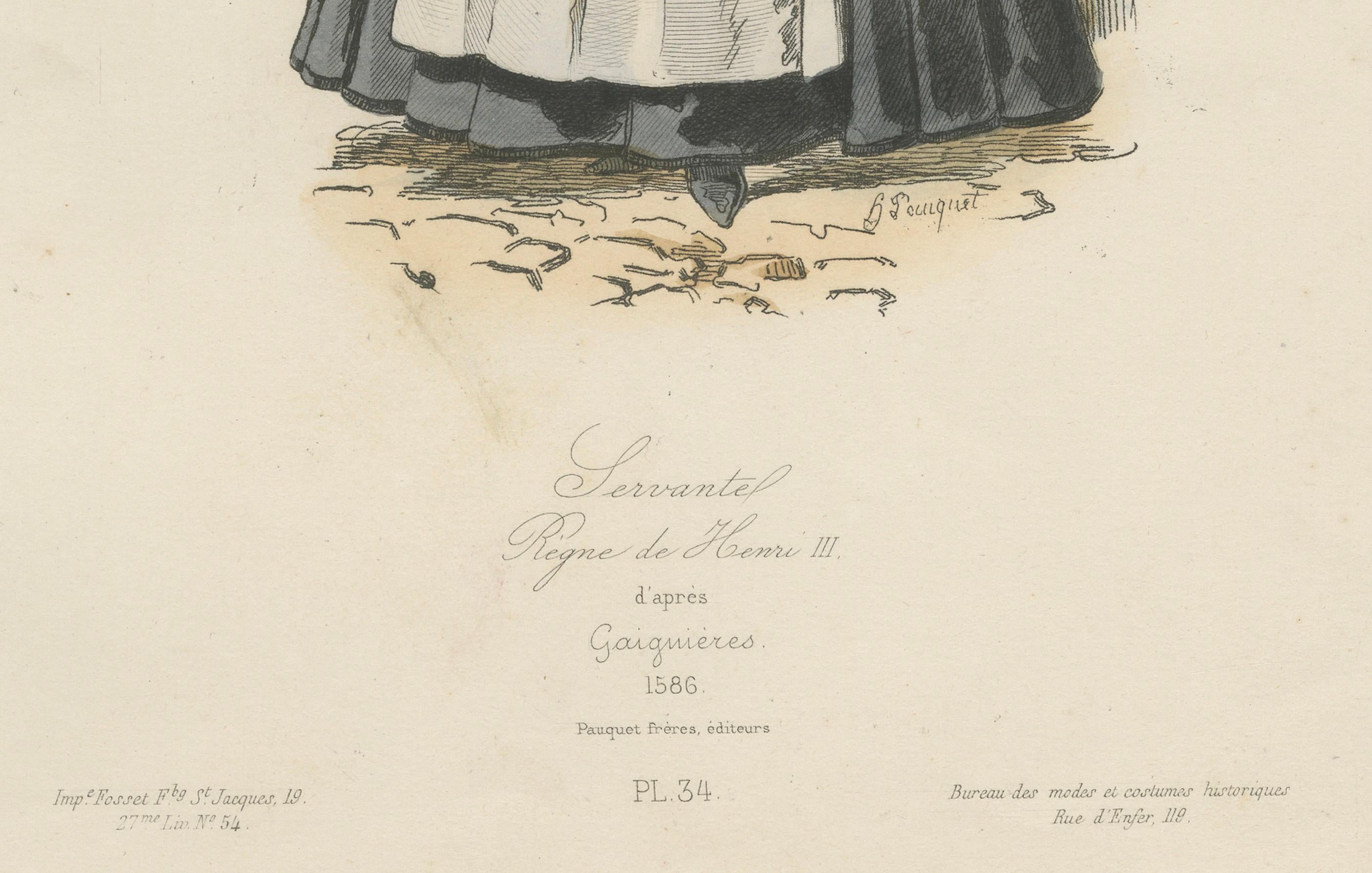 Antique French Costume Print of a Servant in Medieval Dress, XIX secolo In condizioni buone in vendita a Langweer, NL