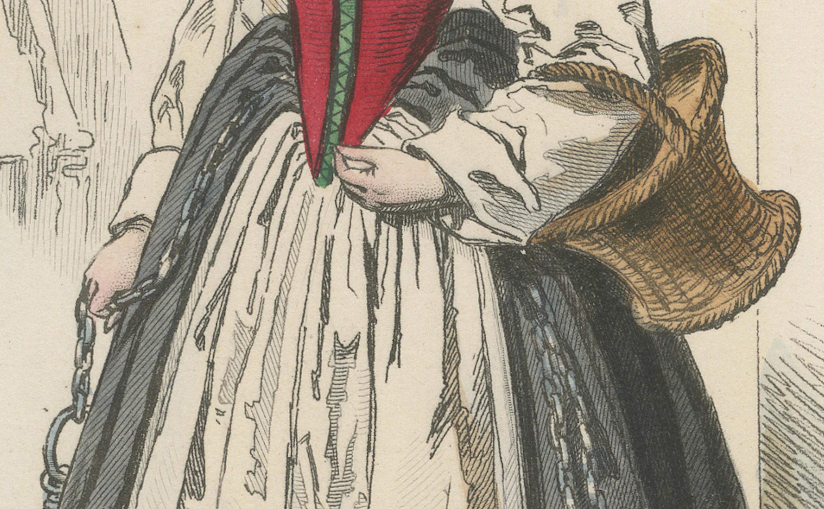 Metà XIX secolo Antique French Costume Print of a Servant in Medieval Dress, XIX secolo in vendita