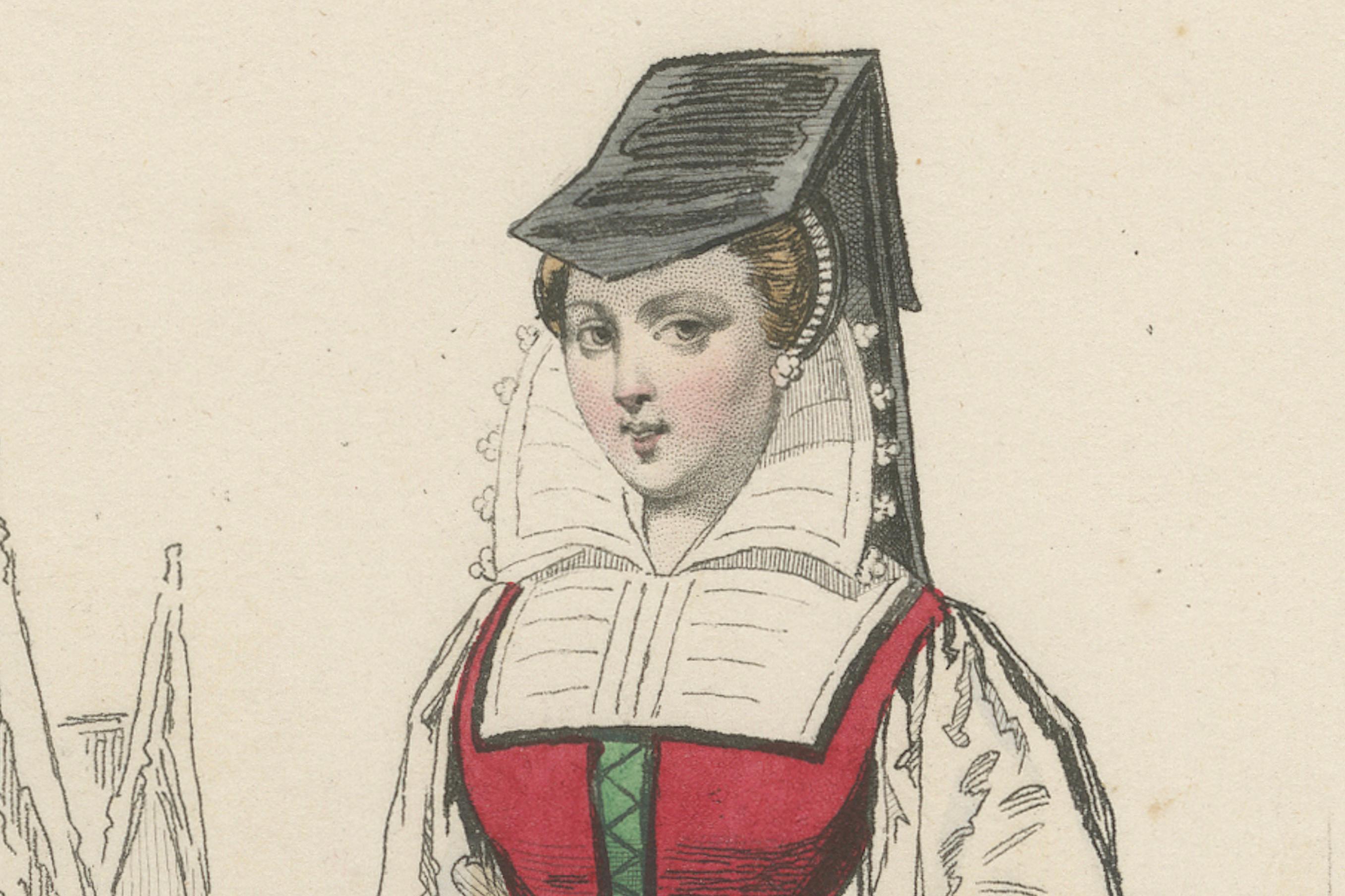 Carta Antique French Costume Print of a Servant in Medieval Dress, XIX secolo in vendita