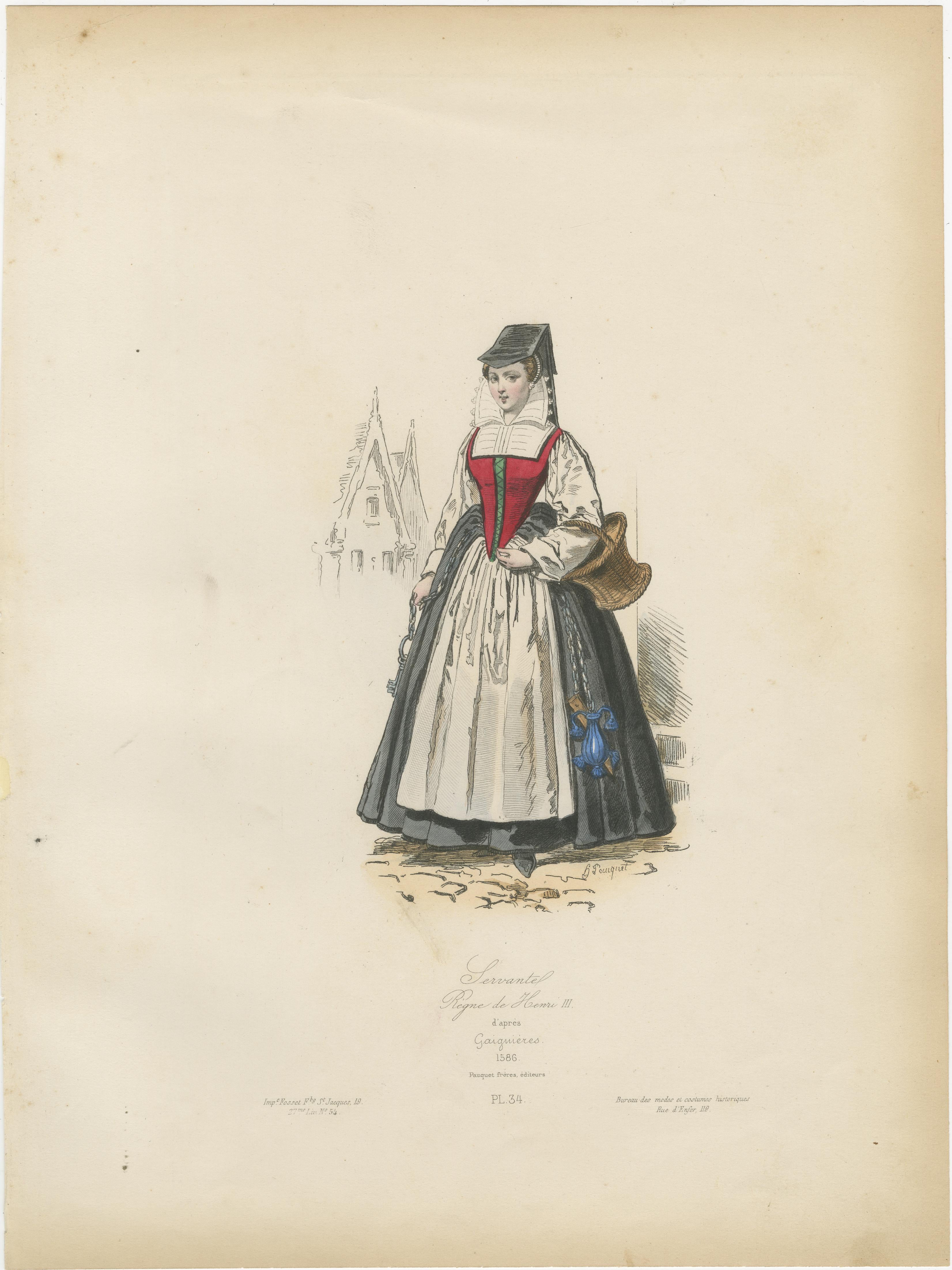 Antique French Costume Print of a Servant in Medieval Dress, XIX secolo in vendita 1