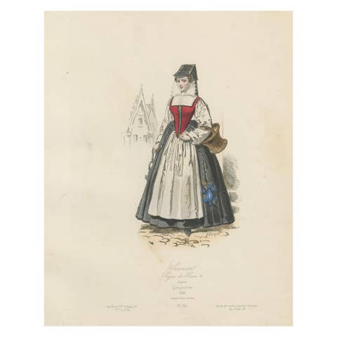 Antique French Costume Print of a Servant in Medieval Dress, 19th Century