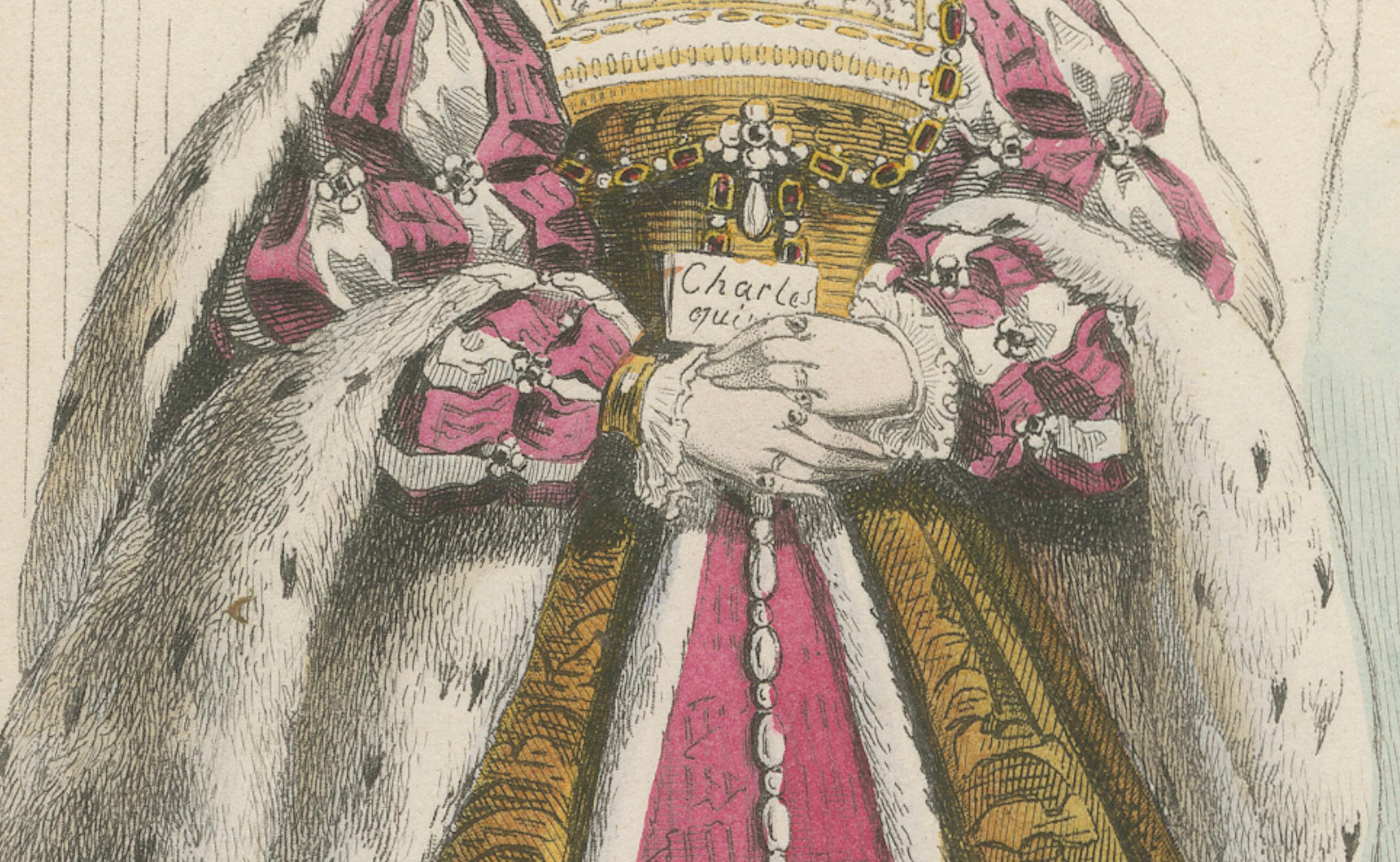 Antique French Costume Print von Eleonore di Austria, Renaissance Mode, um 1860 im Zustand „Gut“ im Angebot in Langweer, NL