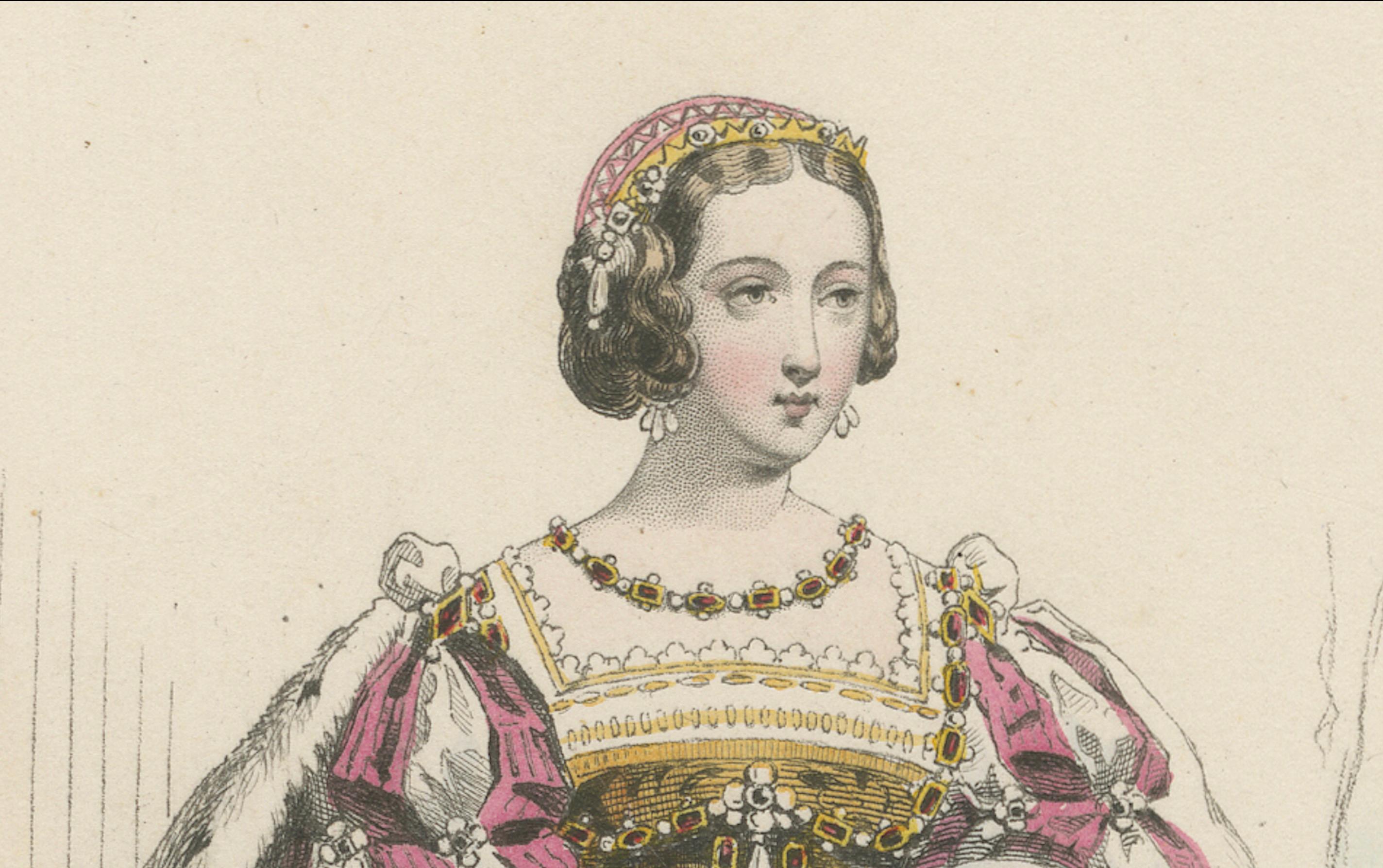 Antique French Costume Print von Eleonore di Austria, Renaissance Mode, um 1860 (Mittleres 19. Jahrhundert) im Angebot