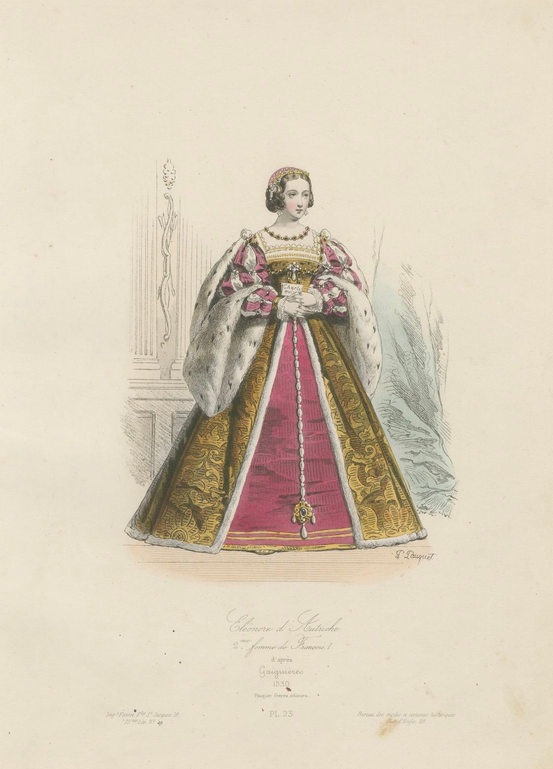 Antique French Costume Print von Eleonore di Austria, Renaissance Mode, um 1860 (Papier) im Angebot