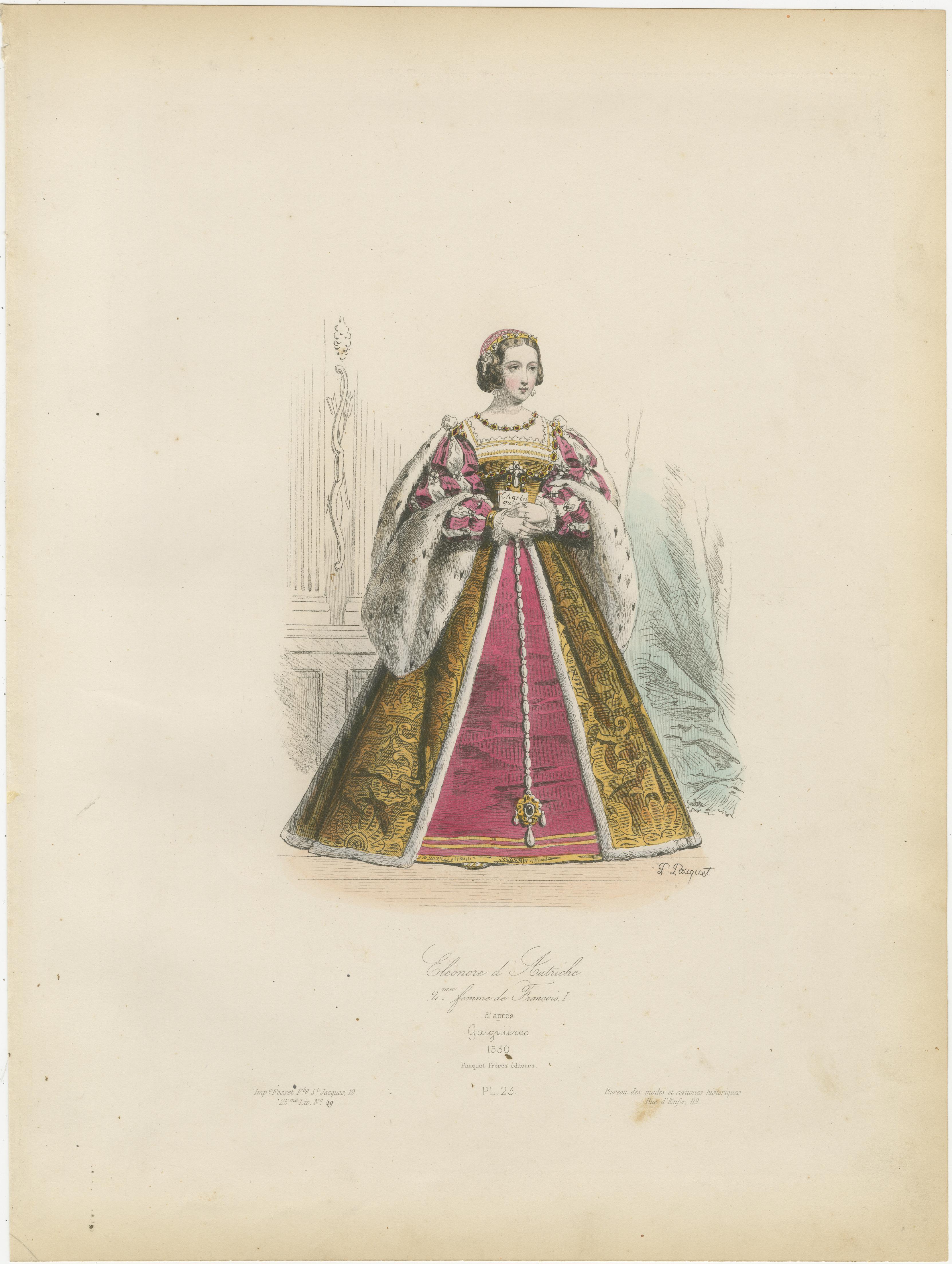 Antique French Costume Print von Eleonore di Austria, Renaissance Mode, um 1860 im Angebot 1