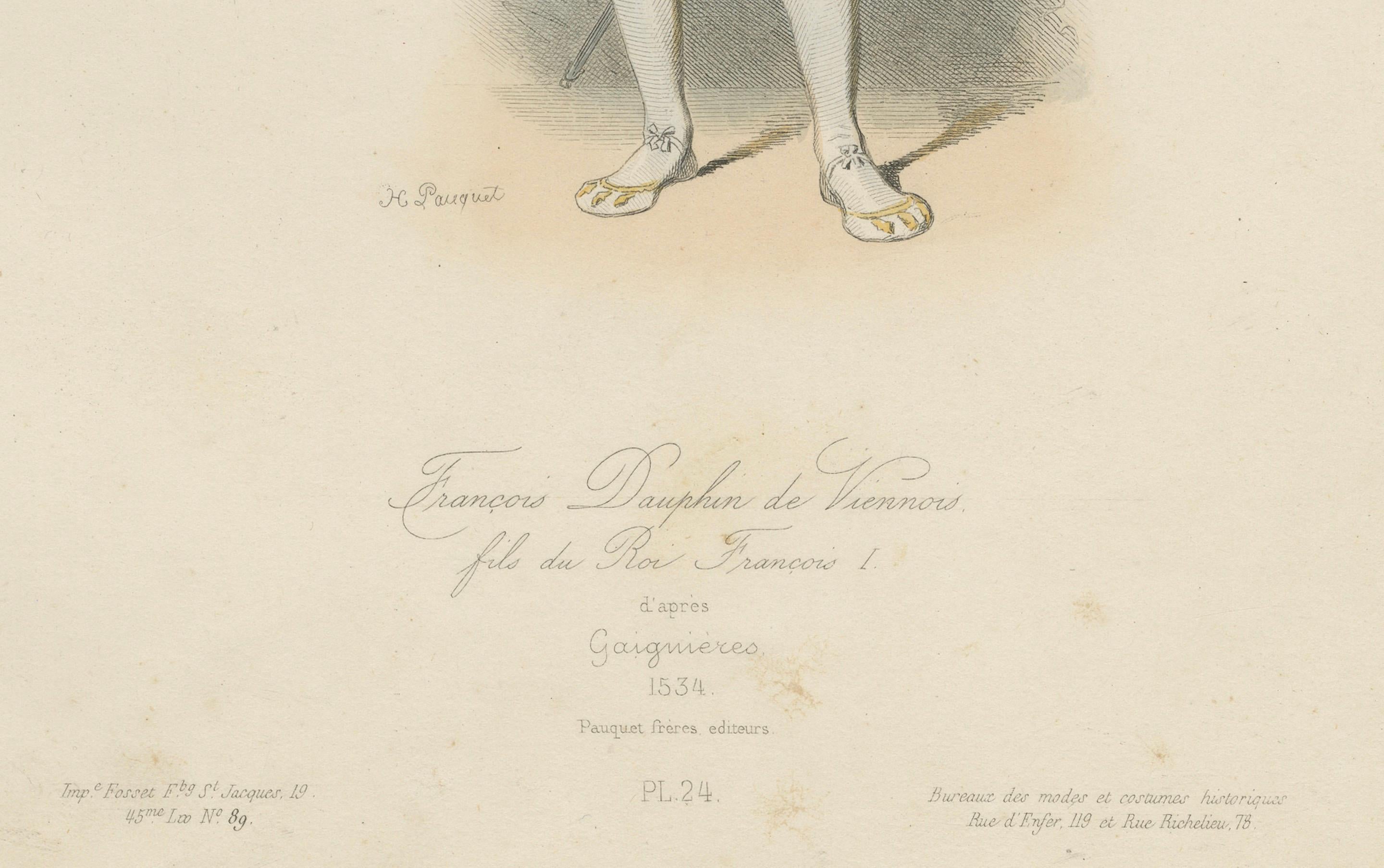 Antiker französischer Kostümdruck von François Dauphin de Viennois, Renaissance-Kostüm, 19.

Beschreibung:
Dieser beeindruckende antike französische Kostümdruck mit dem Titel 
