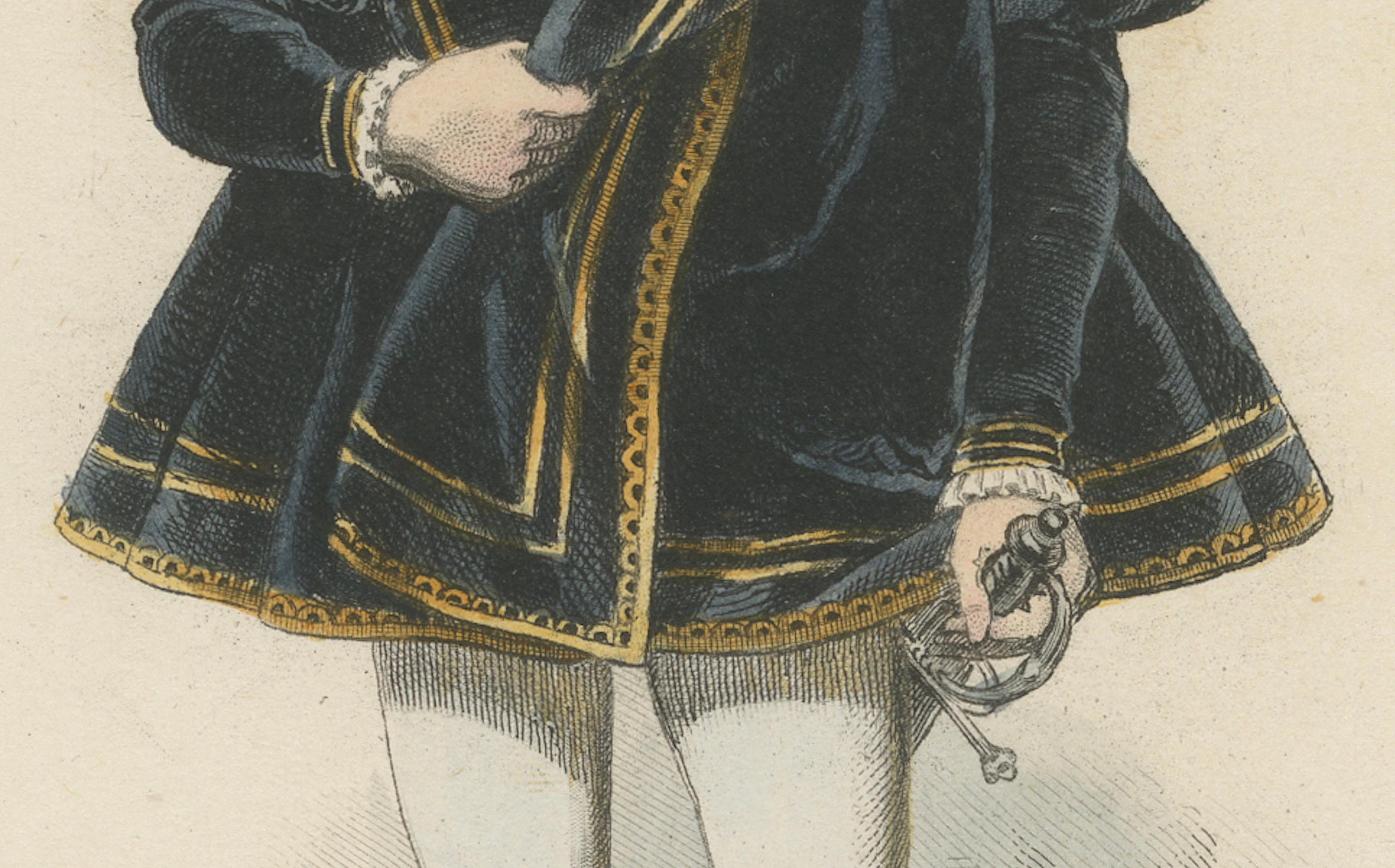 Antique French Kostüm Druck von François Dauphin de Viennois, Renaissance Attire im Zustand „Gut“ im Angebot in Langweer, NL