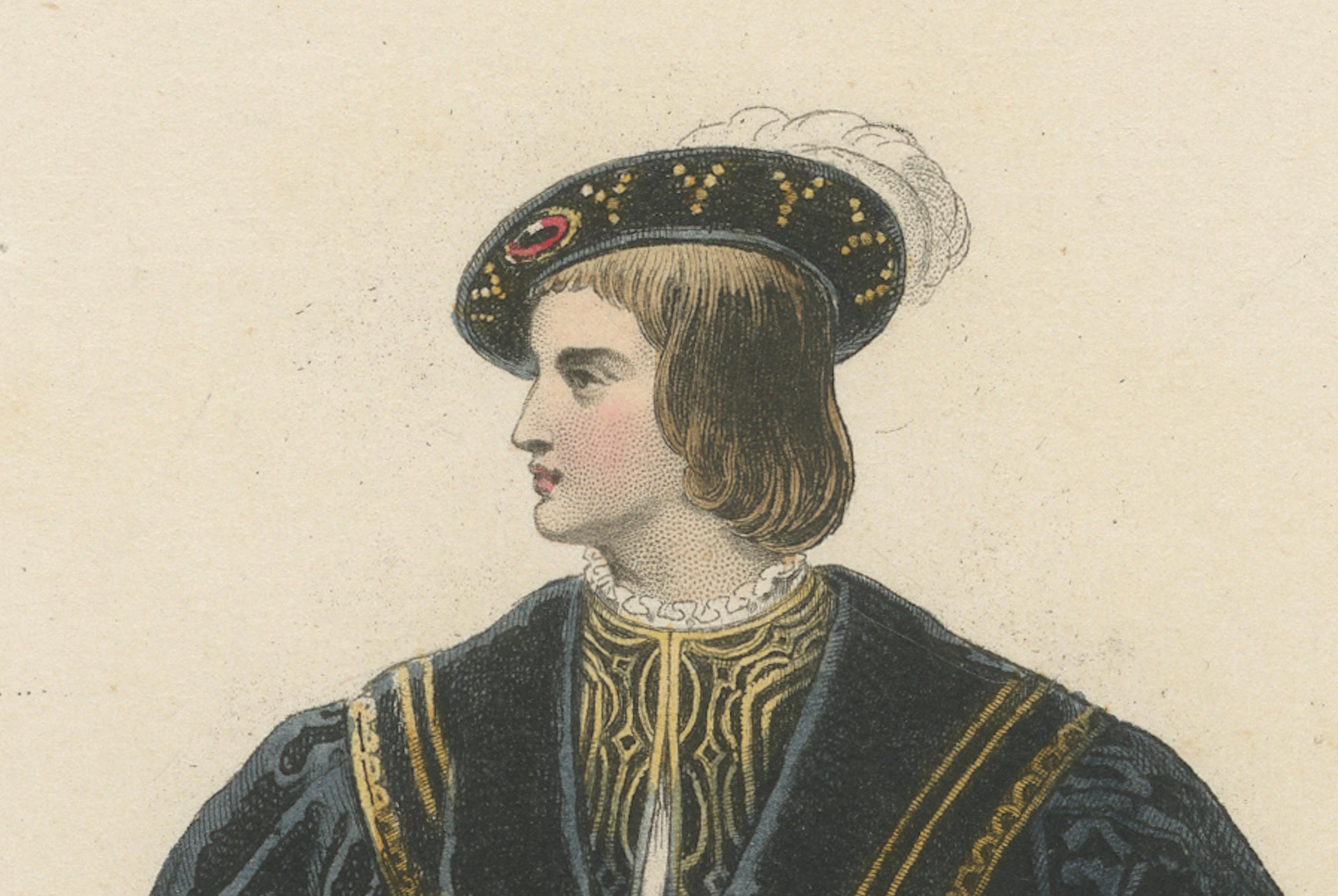 Antique French Kostüm Druck von François Dauphin de Viennois, Renaissance Attire (Mittleres 19. Jahrhundert) im Angebot