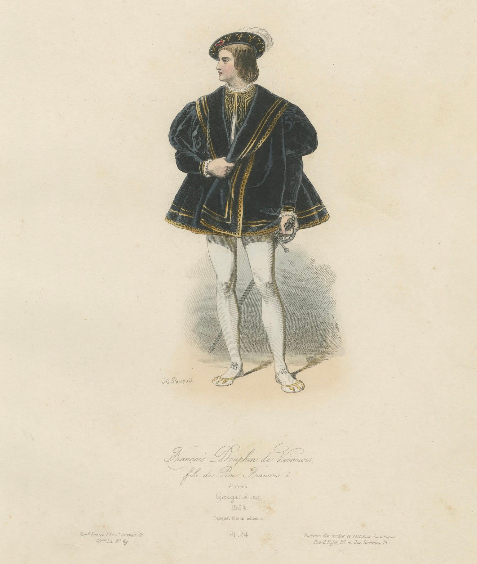 Antique French Kostüm Druck von François Dauphin de Viennois, Renaissance Attire (Papier) im Angebot