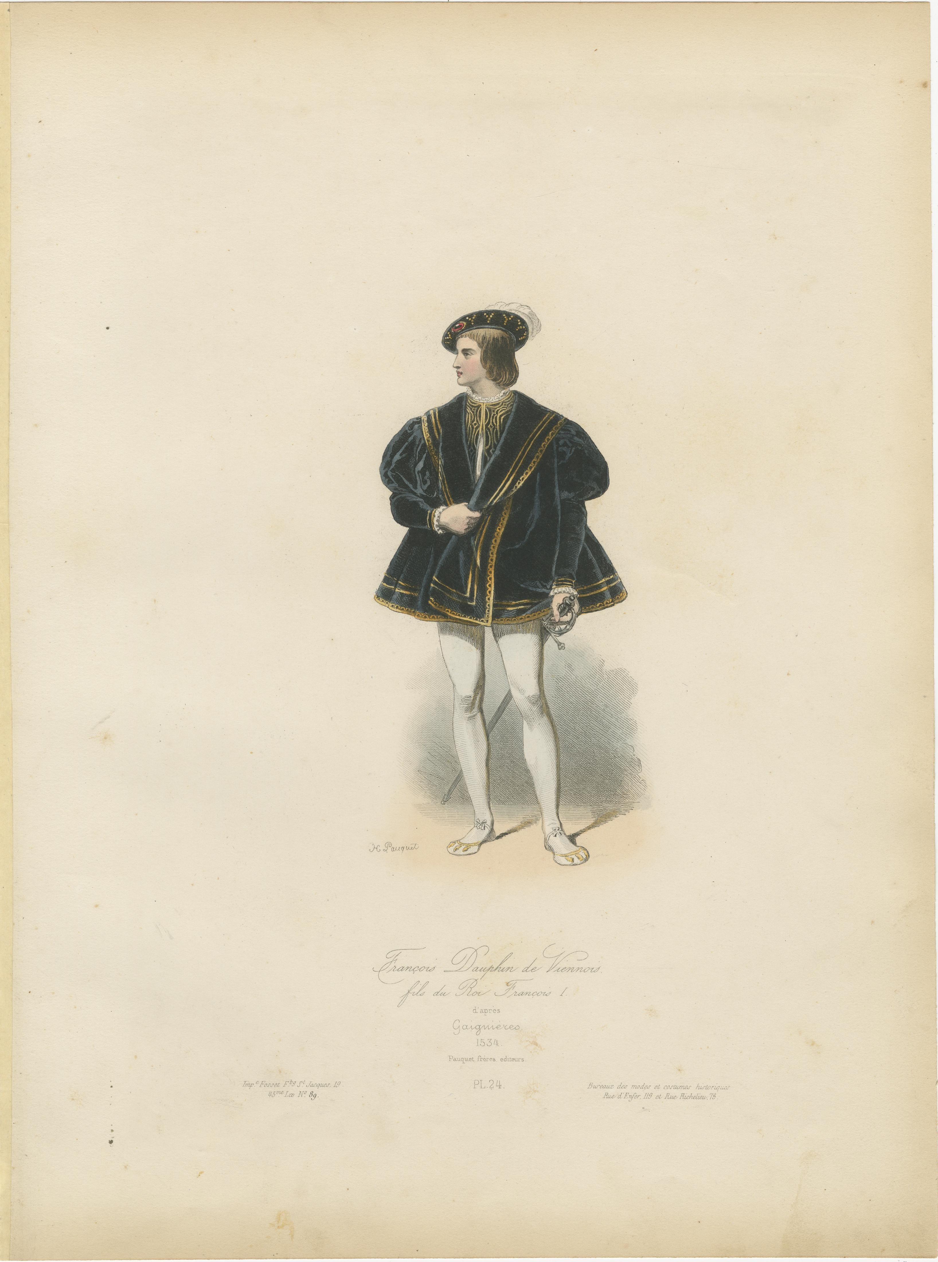 Antique French Kostüm Druck von François Dauphin de Viennois, Renaissance Attire im Angebot 1
