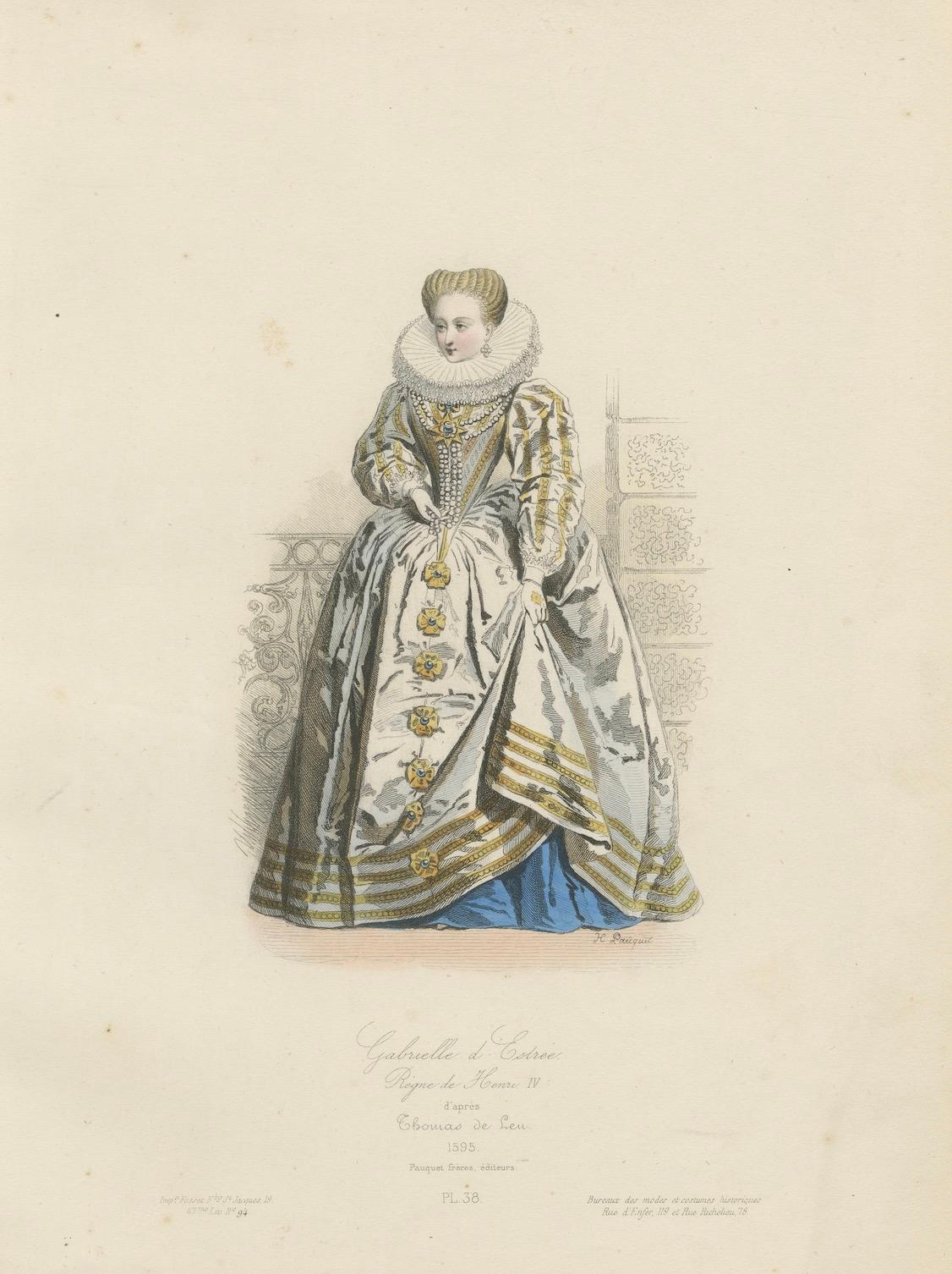 Titel:
Antiker französischer Kostümdruck von Gabrielle d'Estrées, Hofkleid aus dem 16. Jahrhundert, 19.

Beschreibung:
Dieser prächtige antike französische Kostümdruck mit dem Titel 