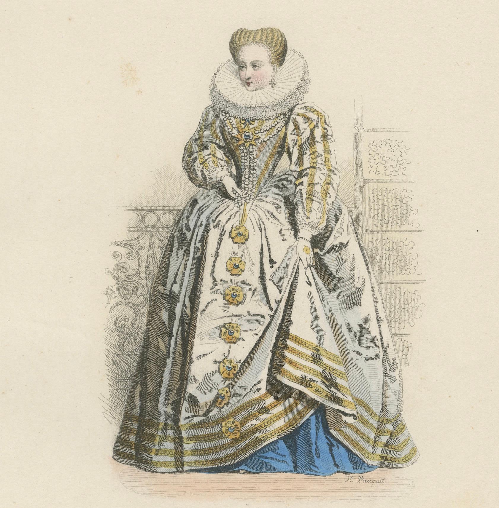 Antique French Kostüm Druck von Gabrielle d'Estrées, 16. Jahrhundert Hofkleid im Zustand „Gut“ im Angebot in Langweer, NL