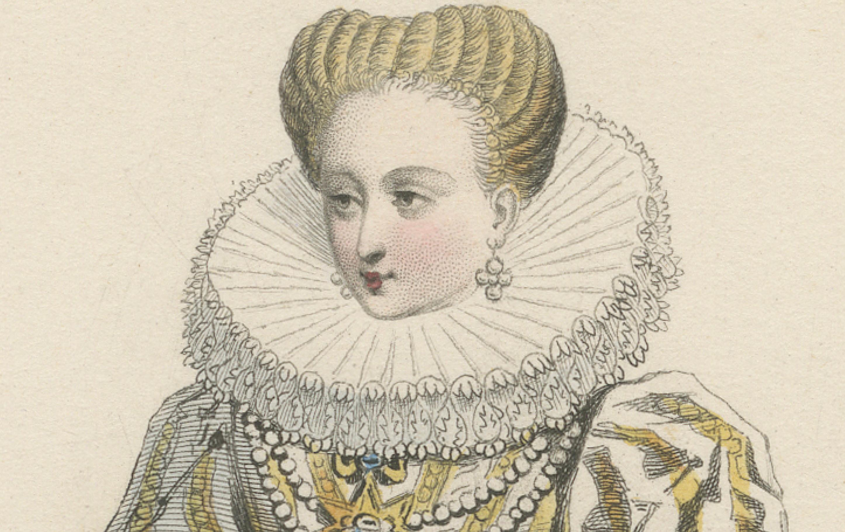 Antique French Kostüm Druck von Gabrielle d'Estrées, 16. Jahrhundert Hofkleid (Mittleres 19. Jahrhundert) im Angebot