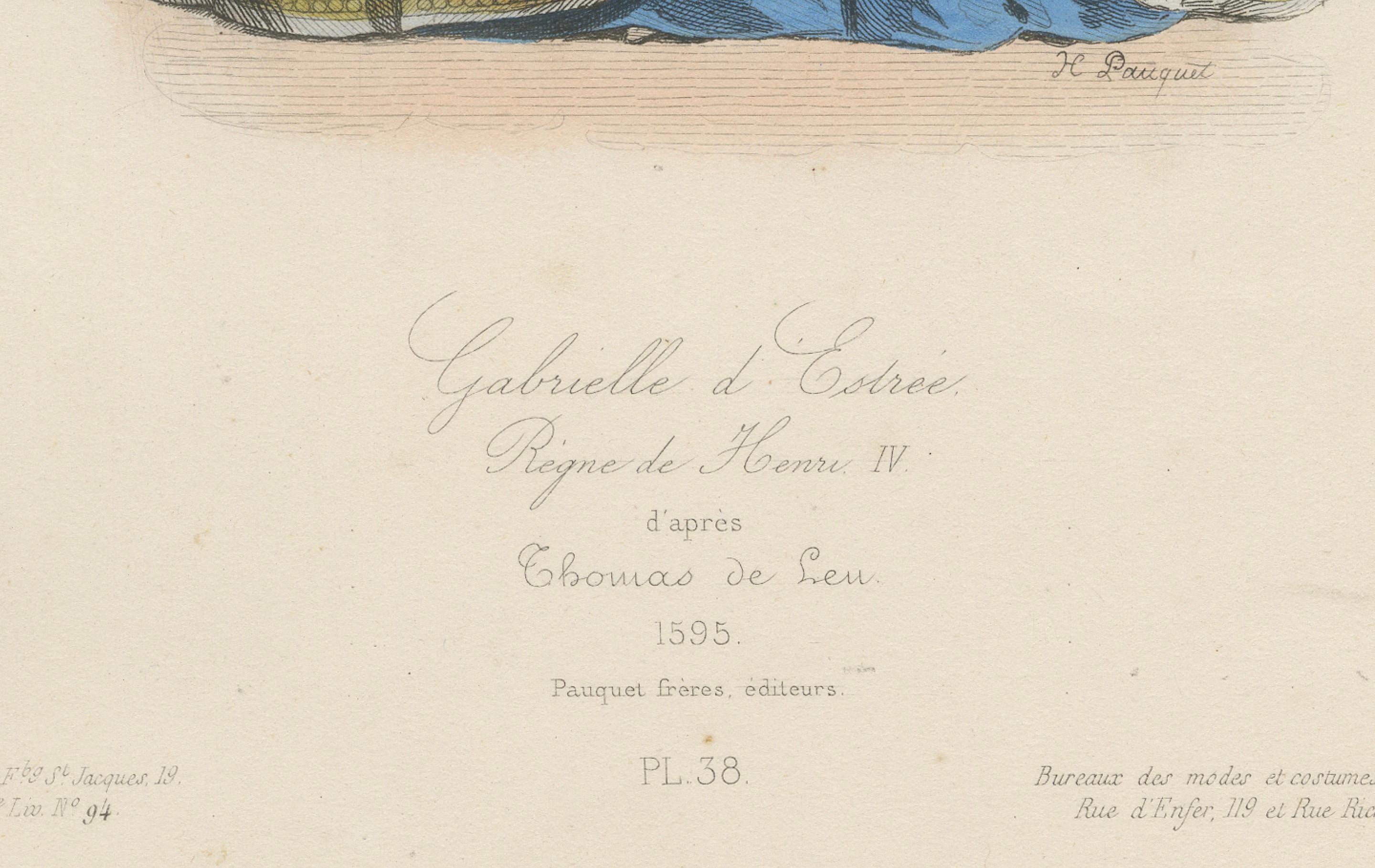 Antique French Kostüm Druck von Gabrielle d'Estrées, 16. Jahrhundert Hofkleid (Papier) im Angebot