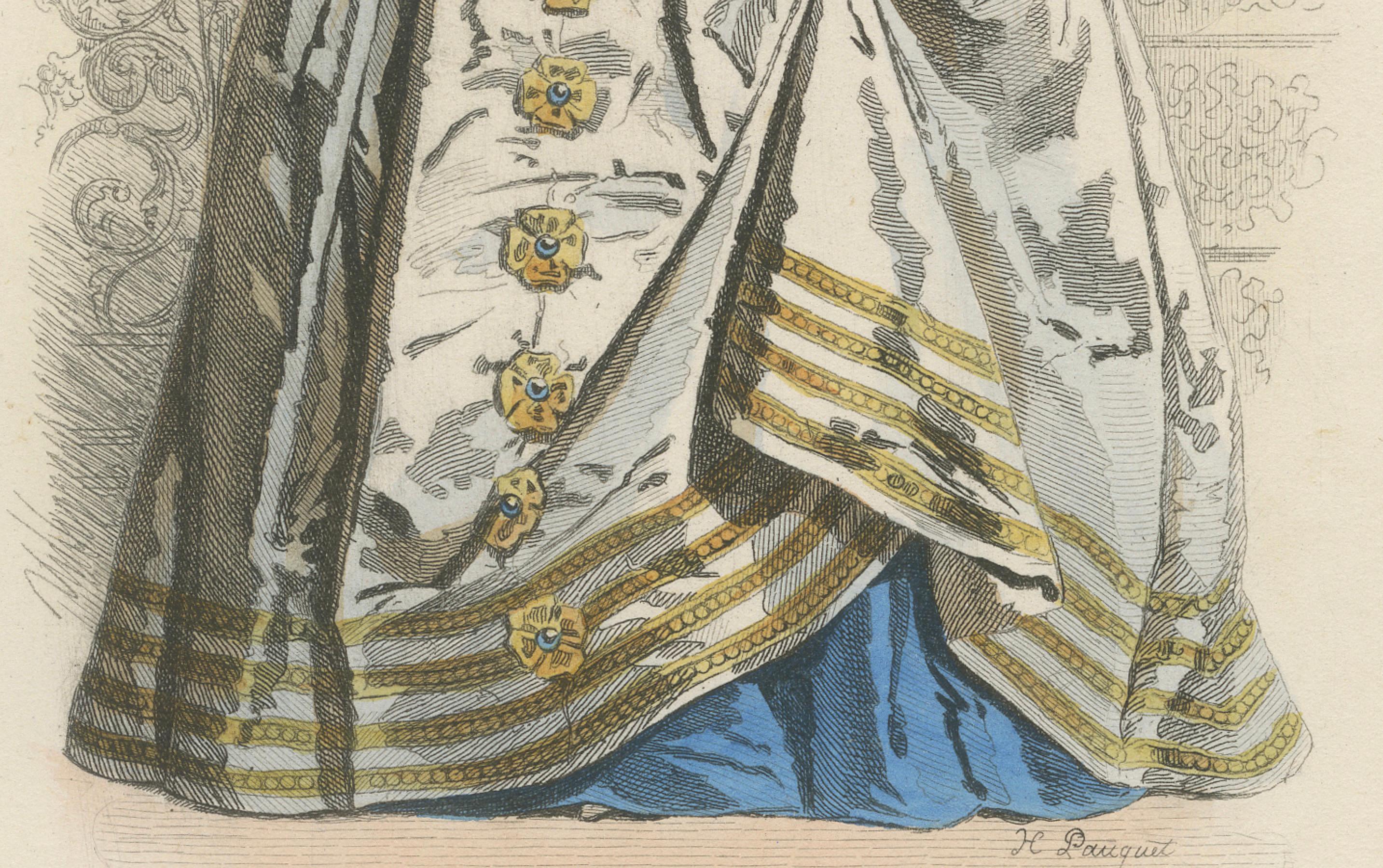 Antique French Kostüm Druck von Gabrielle d'Estrées, 16. Jahrhundert Hofkleid im Angebot 1
