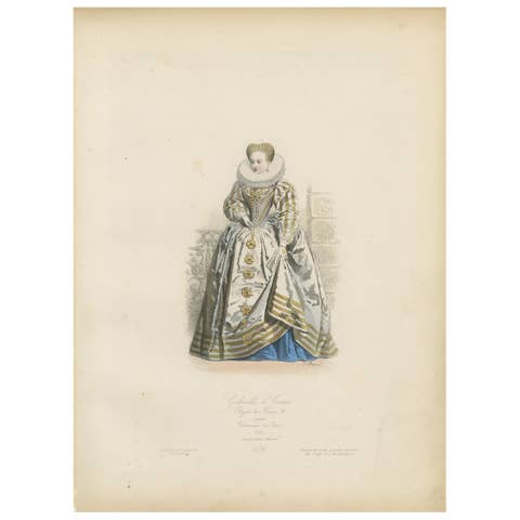 Antique French Costume Print of Gabrielle d’Estrées, 16th-Century Court Dress