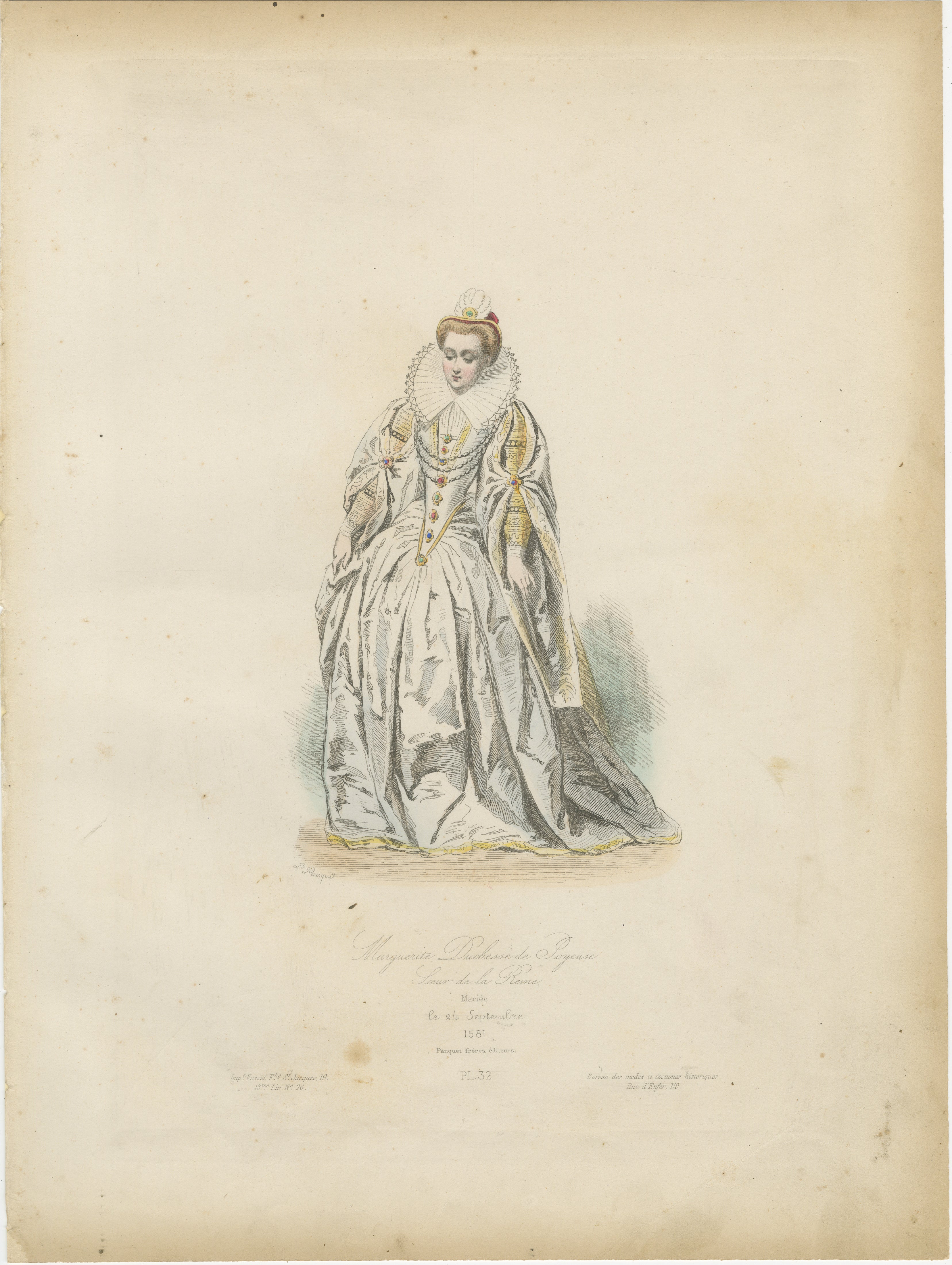 Antiker französischer Kostümdruck von Marguerite Duchesse de Savoie, Renaissancekleid, 19.

Beschreibung:
Dieser anmutige antike französische Kostümdruck mit dem Titel 