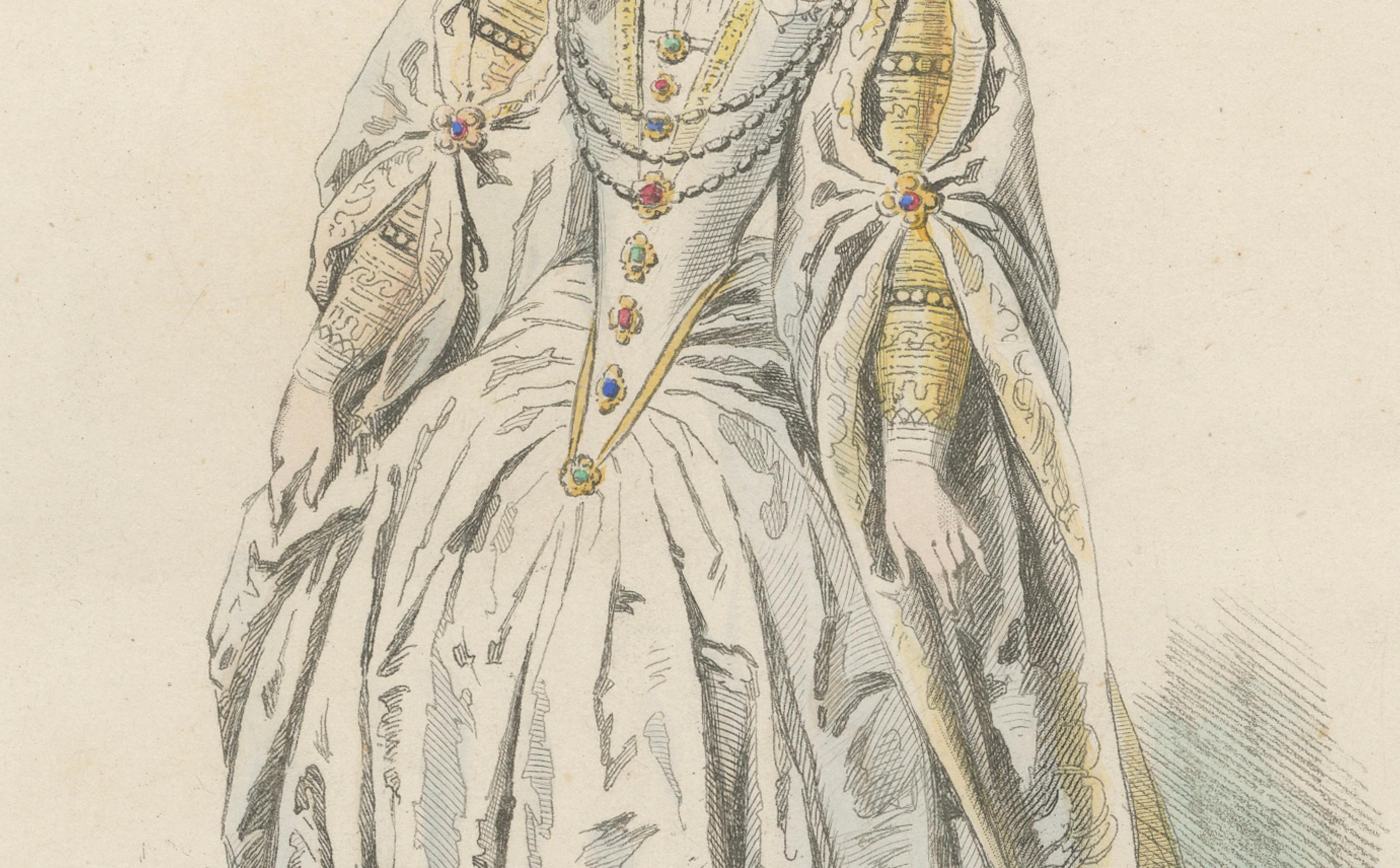 Antique French Kostüm Druck von Marguerite Duchesse de Savoie, Renaissance-Kleid (Mittleres 19. Jahrhundert) im Angebot
