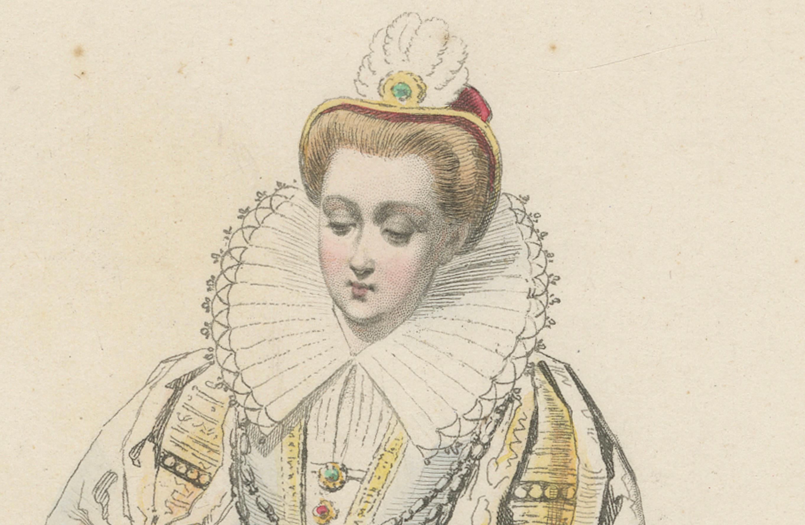 Antique French Kostüm Druck von Marguerite Duchesse de Savoie, Renaissance-Kleid (Papier) im Angebot