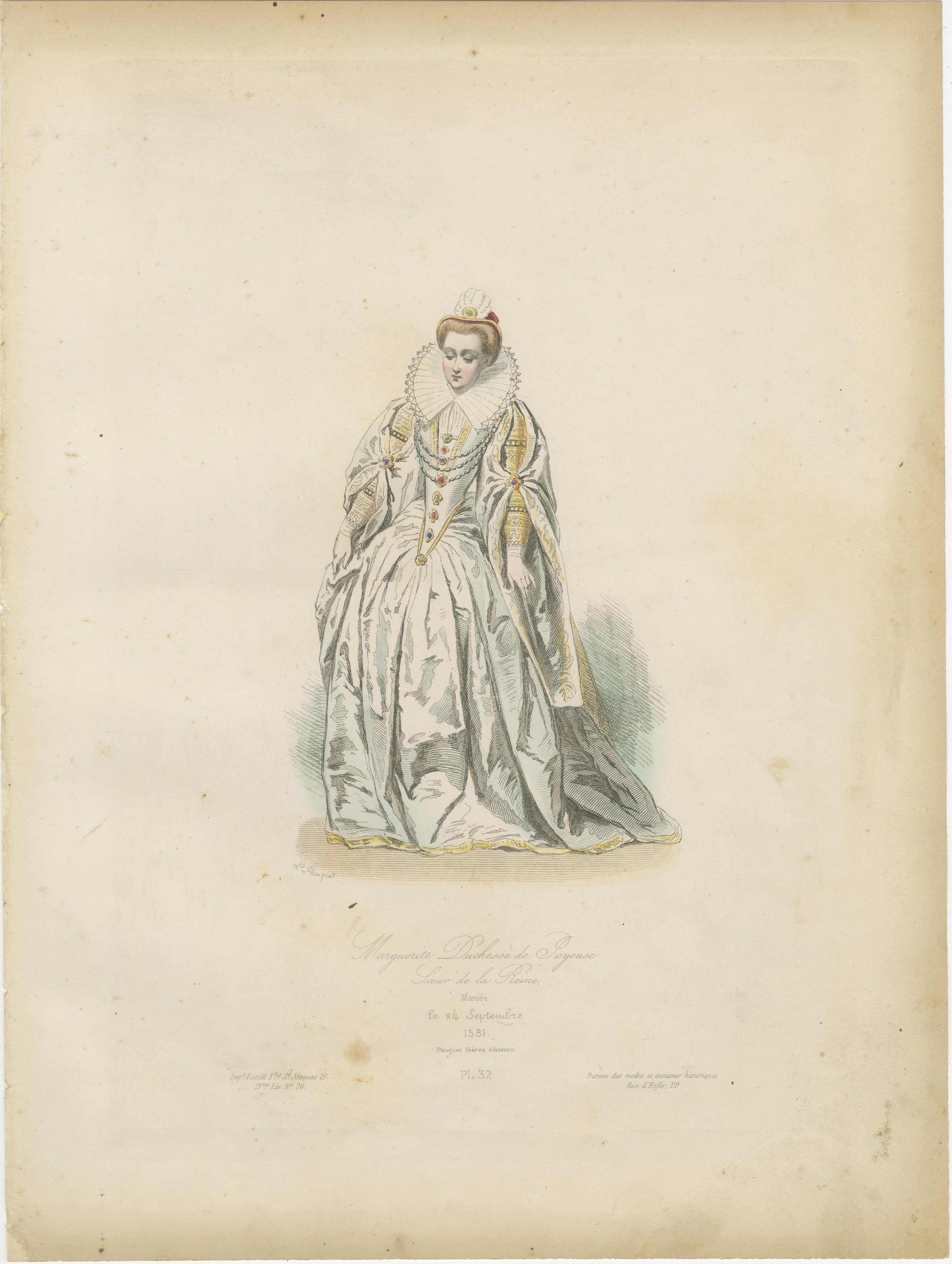 Antique French Kostüm Druck von Marguerite Duchesse de Savoie, Renaissance-Kleid im Angebot 1