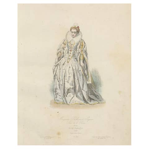 Antique French Costume Print of Marguerite Duchesse de Savoie, Renaissance Dress