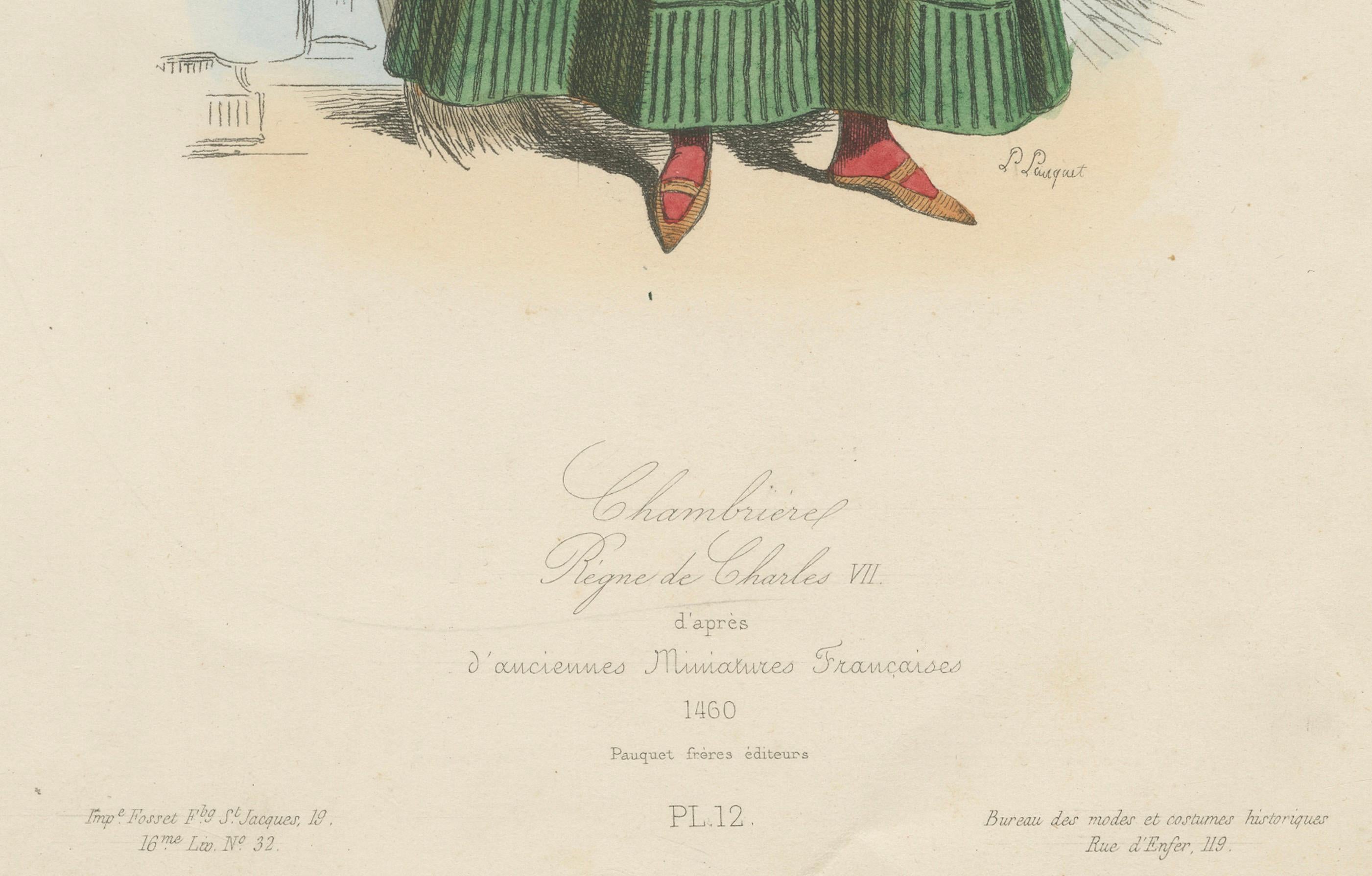 Antique French Kostüm Druck von mittelalterlichen Zimmermädchen, handkoloriert, 19.

Beschreibung:
Dieser entzückende antike französische Druck mit dem Titel 
