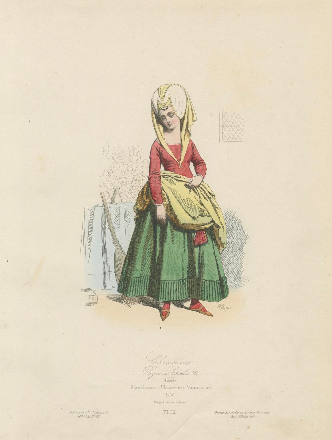 Antique French Kostüm Druck von mittelalterlichen Zimmermädchen, handkoloriert, 19. (Papier) im Angebot