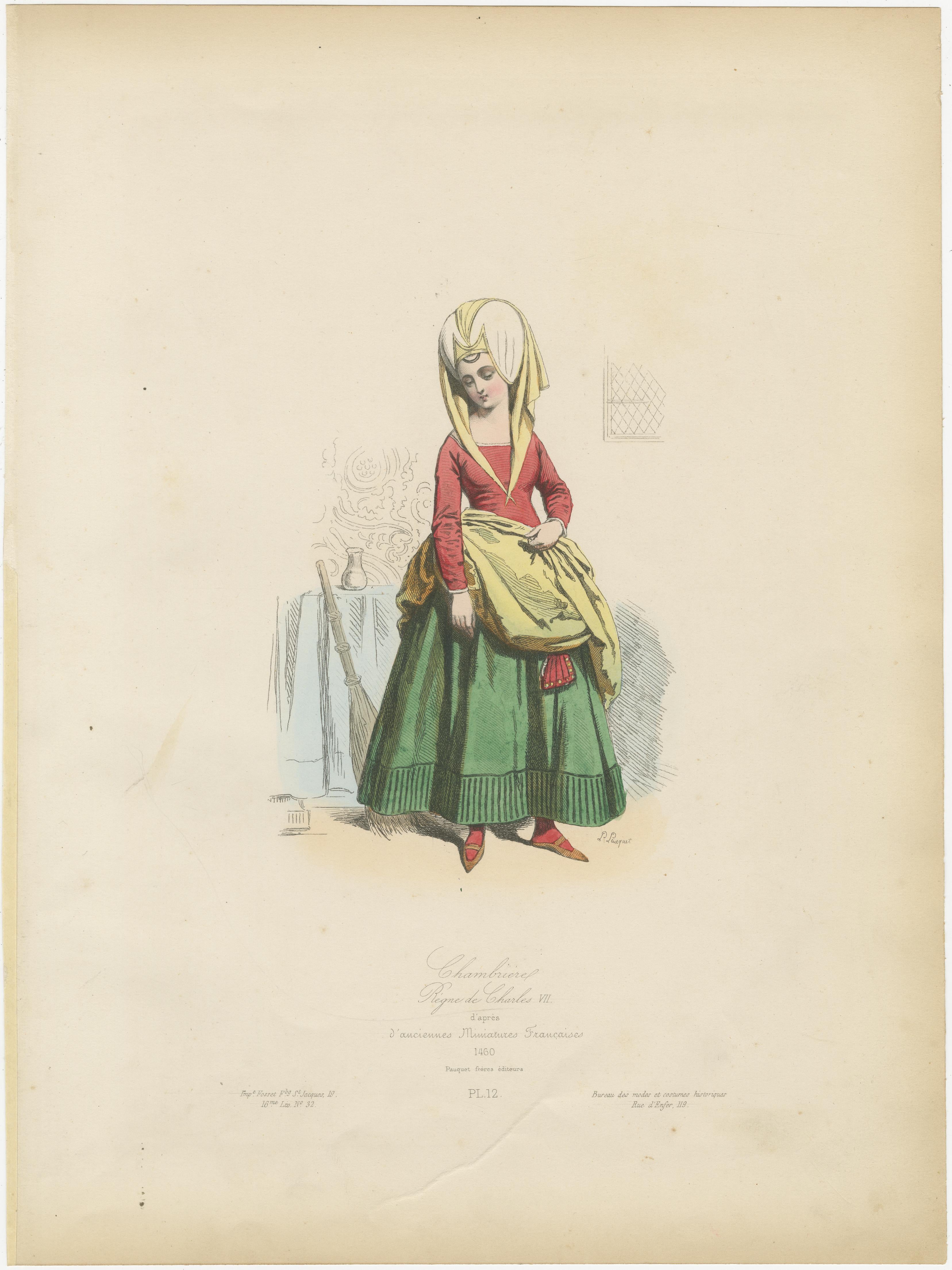 Antique French Kostüm Druck von mittelalterlichen Zimmermädchen, handkoloriert, 19. im Angebot 1