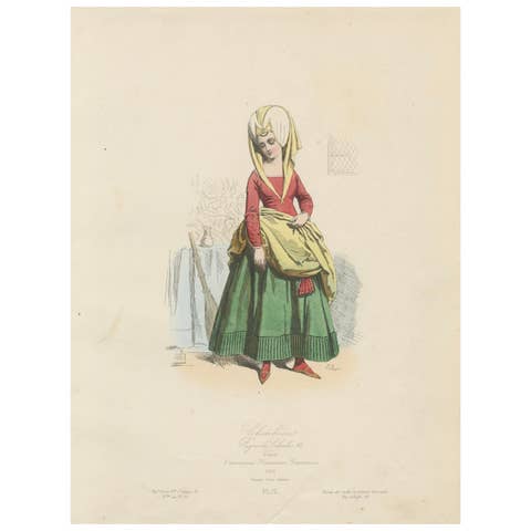 Antique French Costume Print of Medieval Chambermaid, Hand-Colored, 19th Century