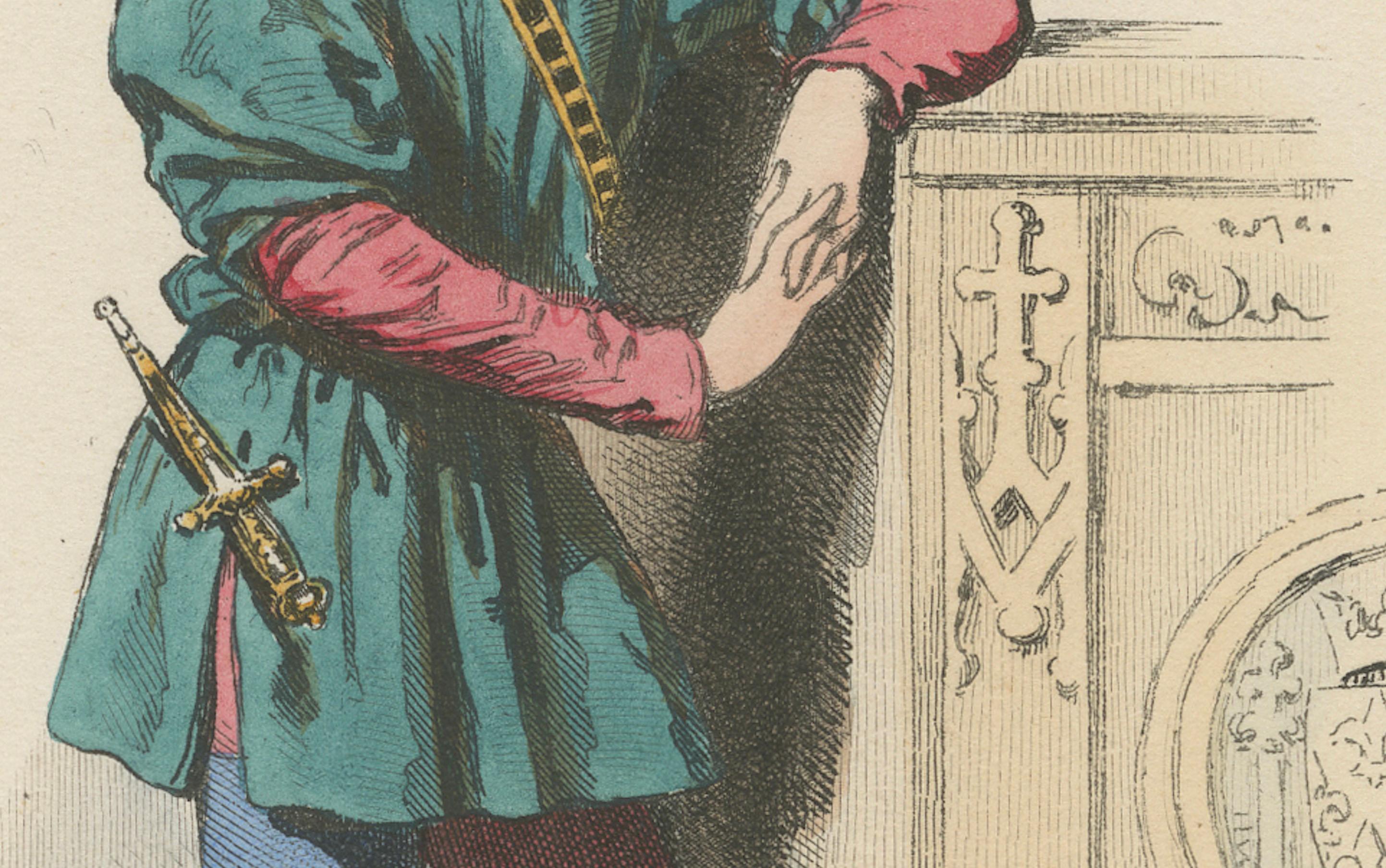 Antique French Kostüm Druck von mittelalterlichen Page Boy, handkoloriert, 19. im Zustand „Gut“ im Angebot in Langweer, NL