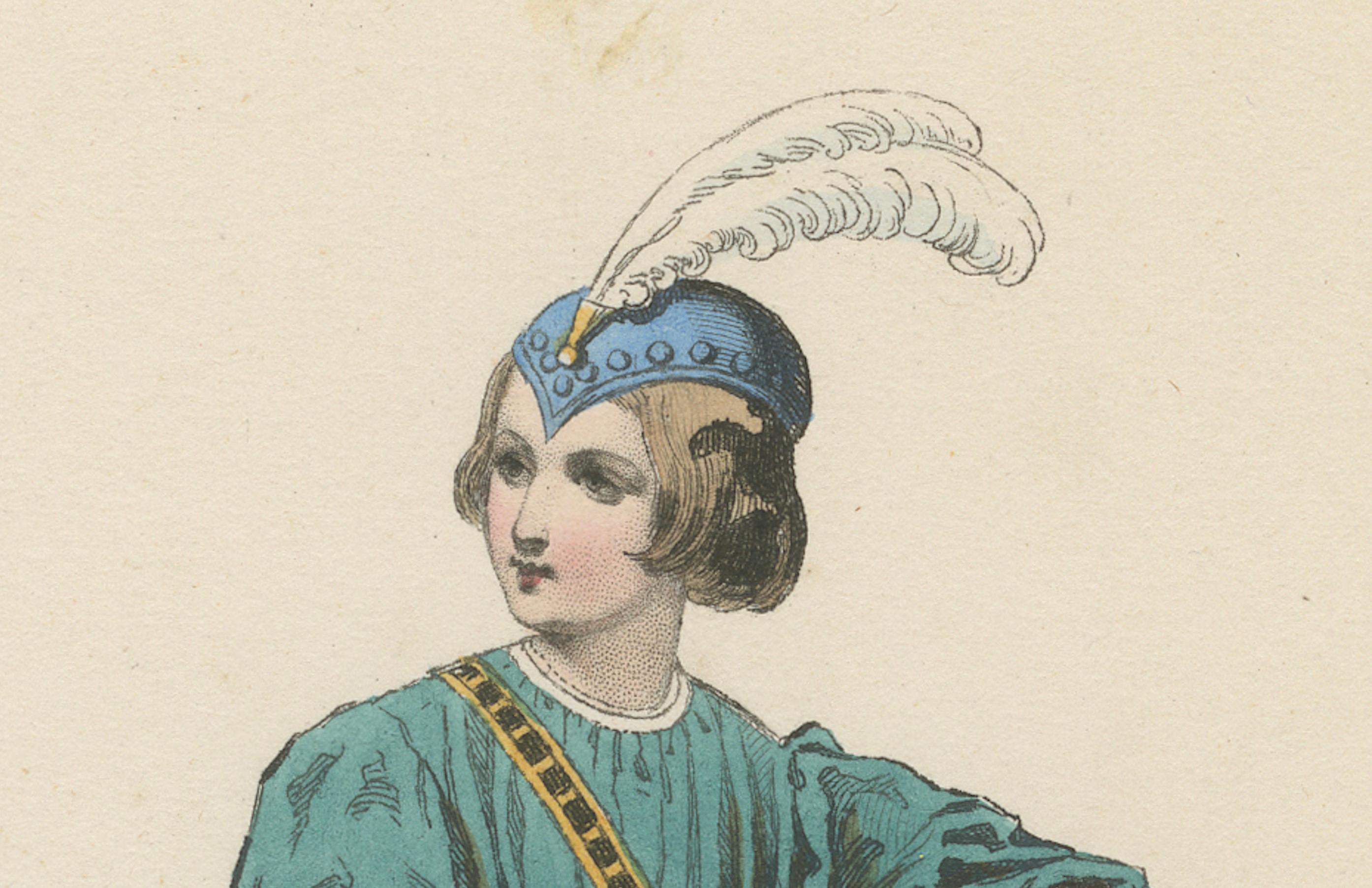Antique French Kostüm Druck von mittelalterlichen Page Boy, handkoloriert, 19. (Mittleres 19. Jahrhundert) im Angebot