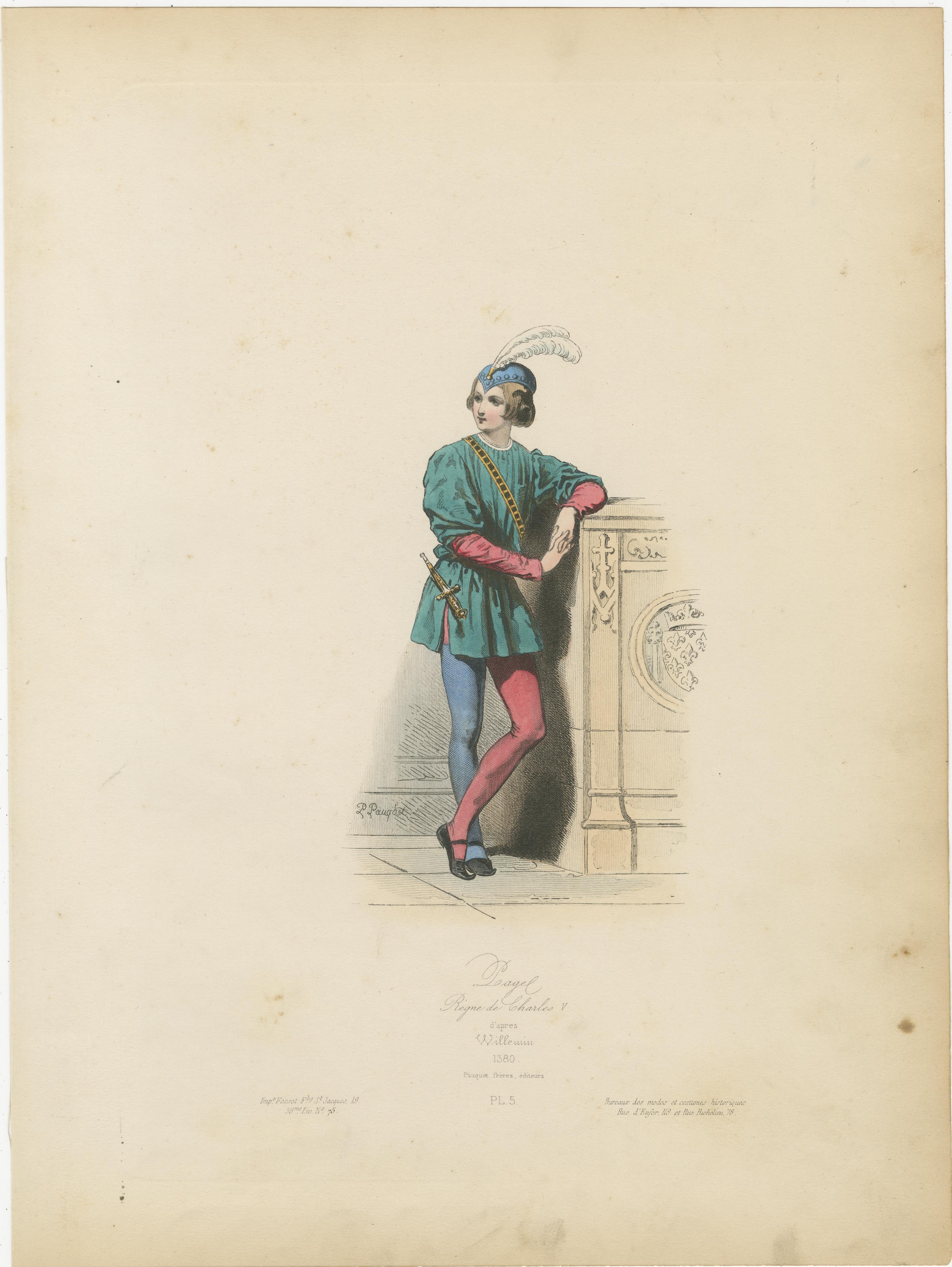 Antique French Kostüm Druck von mittelalterlichen Page Boy, handkoloriert, 19. im Angebot 1