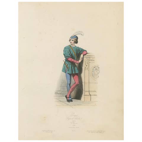 Antique French Costume Print of Medieval Page Boy, Hand-Colored, 19th Century