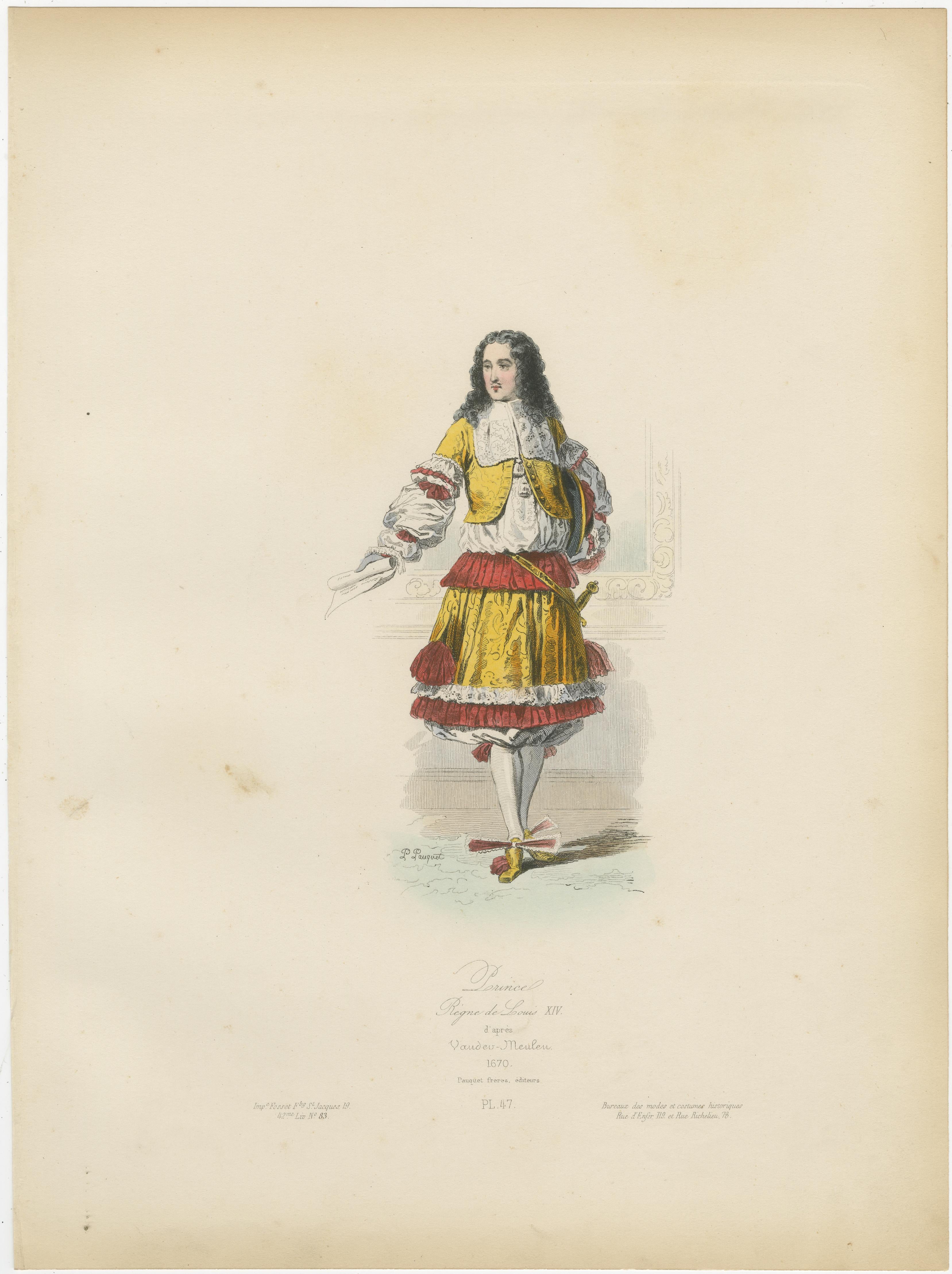 Antique French Costume Prints of Nobility, drei handkolorierte Drucke aus dem 19. im Zustand „Gut“ im Angebot in Langweer, NL
